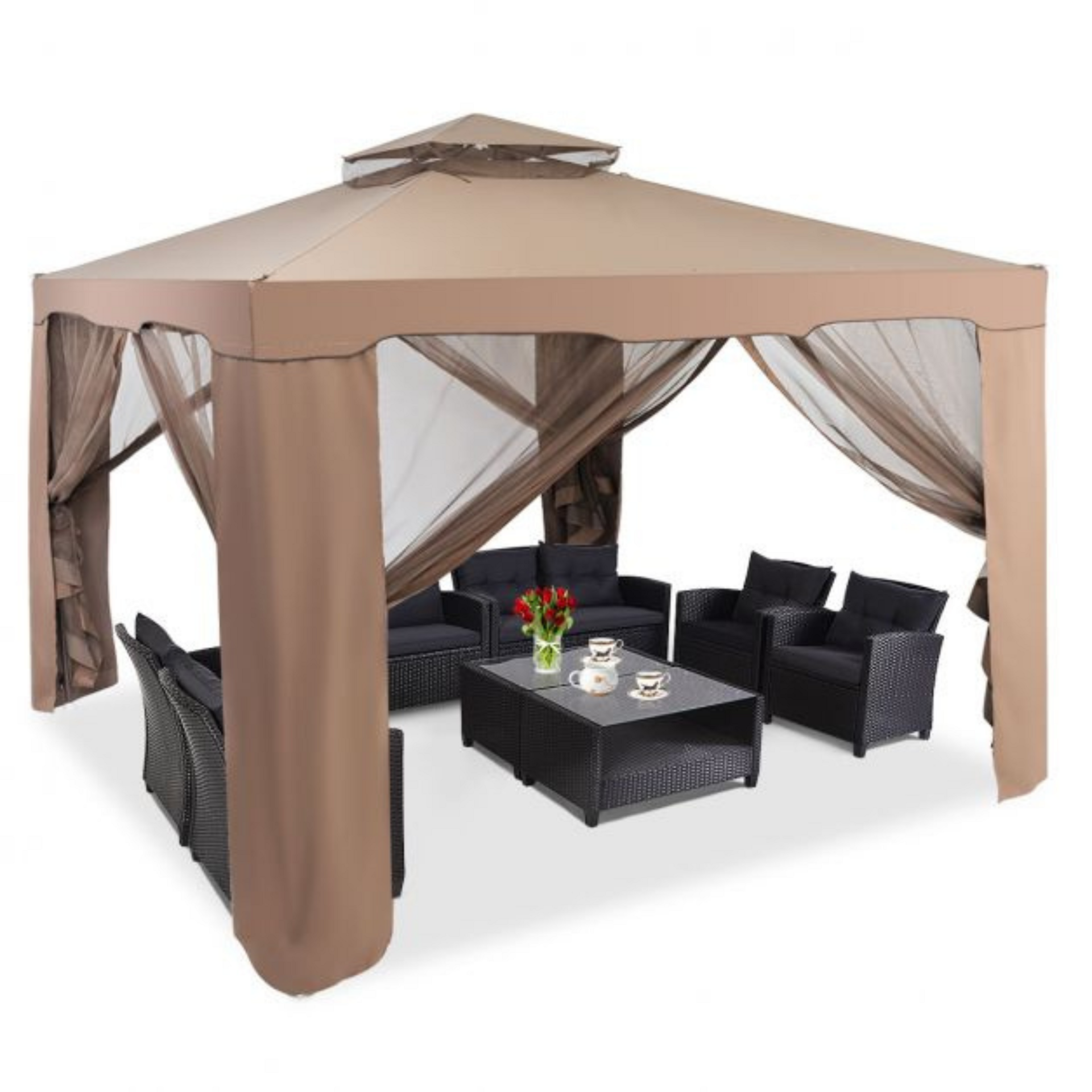 Paviljoen 3x3 m met mesh zijwanden bruin – UV-bescherming & ventilatie