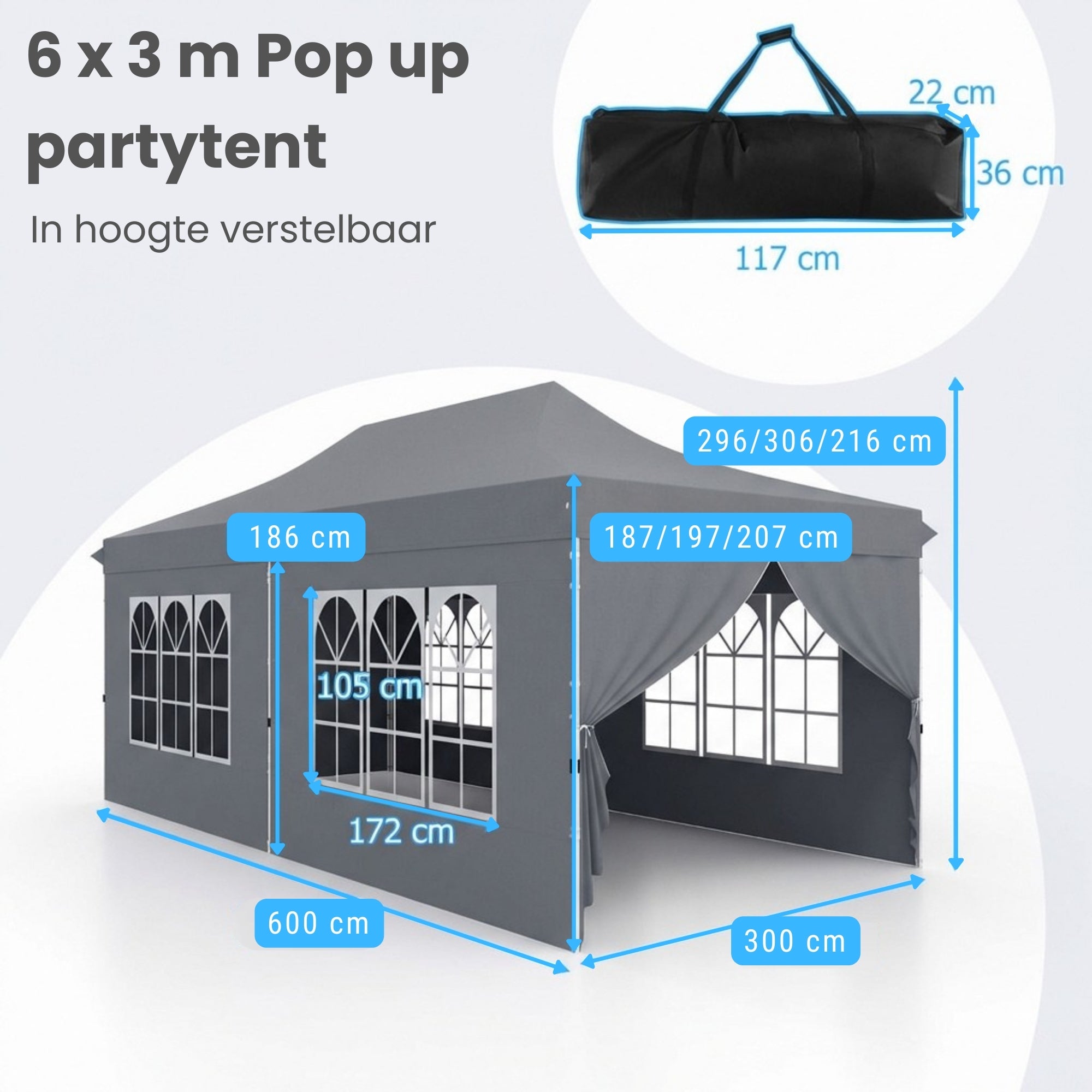 Grijze partytent tuinpaviljoen opvouwbaar 6x3m – waterdicht met zijwanden, verstelbaar en inclusief draagtas en zandzakken