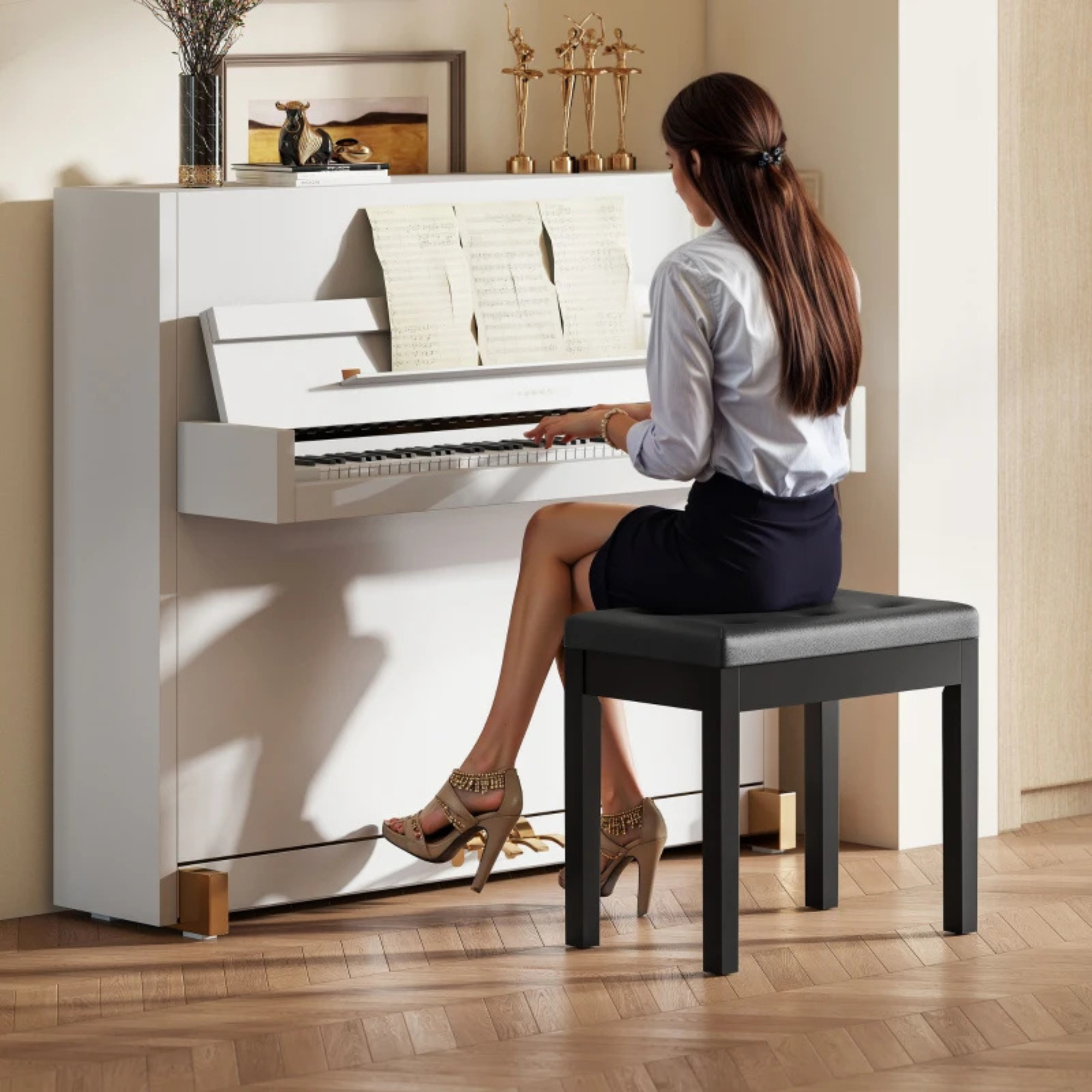 Moderne zwarte pianokruk met opbergruimte voor extra comfort en stijl, robuuste zitting en strak design bij wit piano model