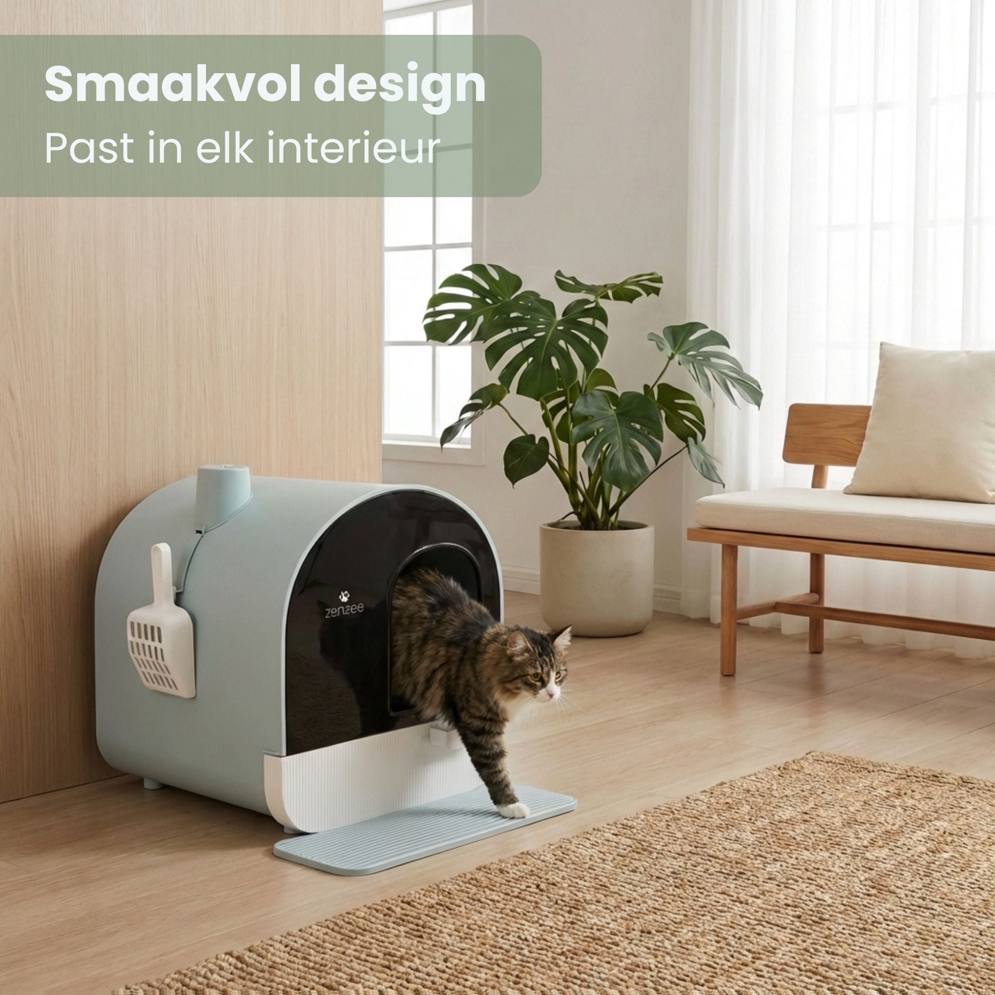 Praktische kattenbak met uitneembare lade, kattenbak mat en schep compleet Groen | Zenzee met stijlvol design en kat die eruit loopt