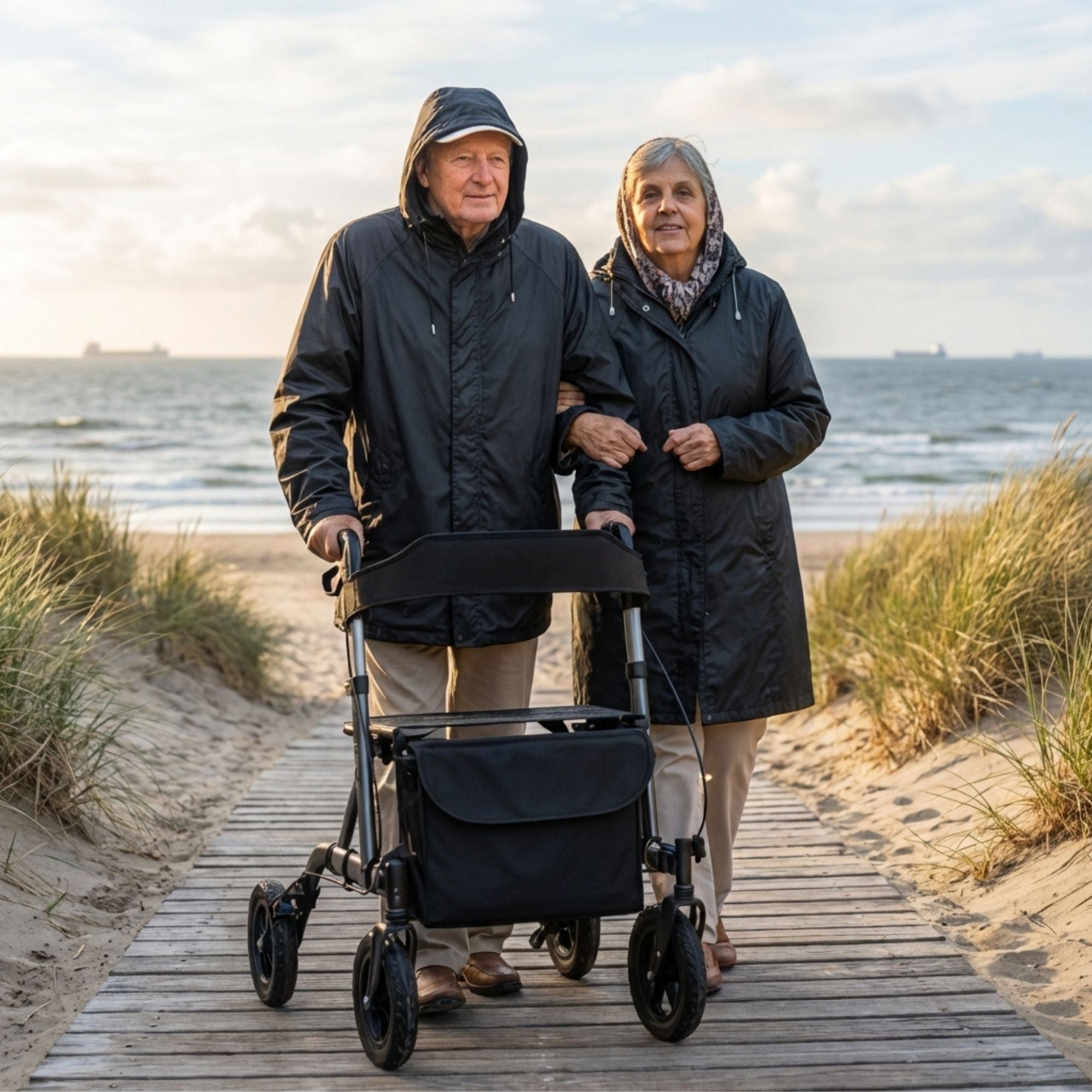 Rollator met all-terrain luchtbanden en comfortabele zitfunctie zwart voor stabiliteit en comfort bij buitenlopen