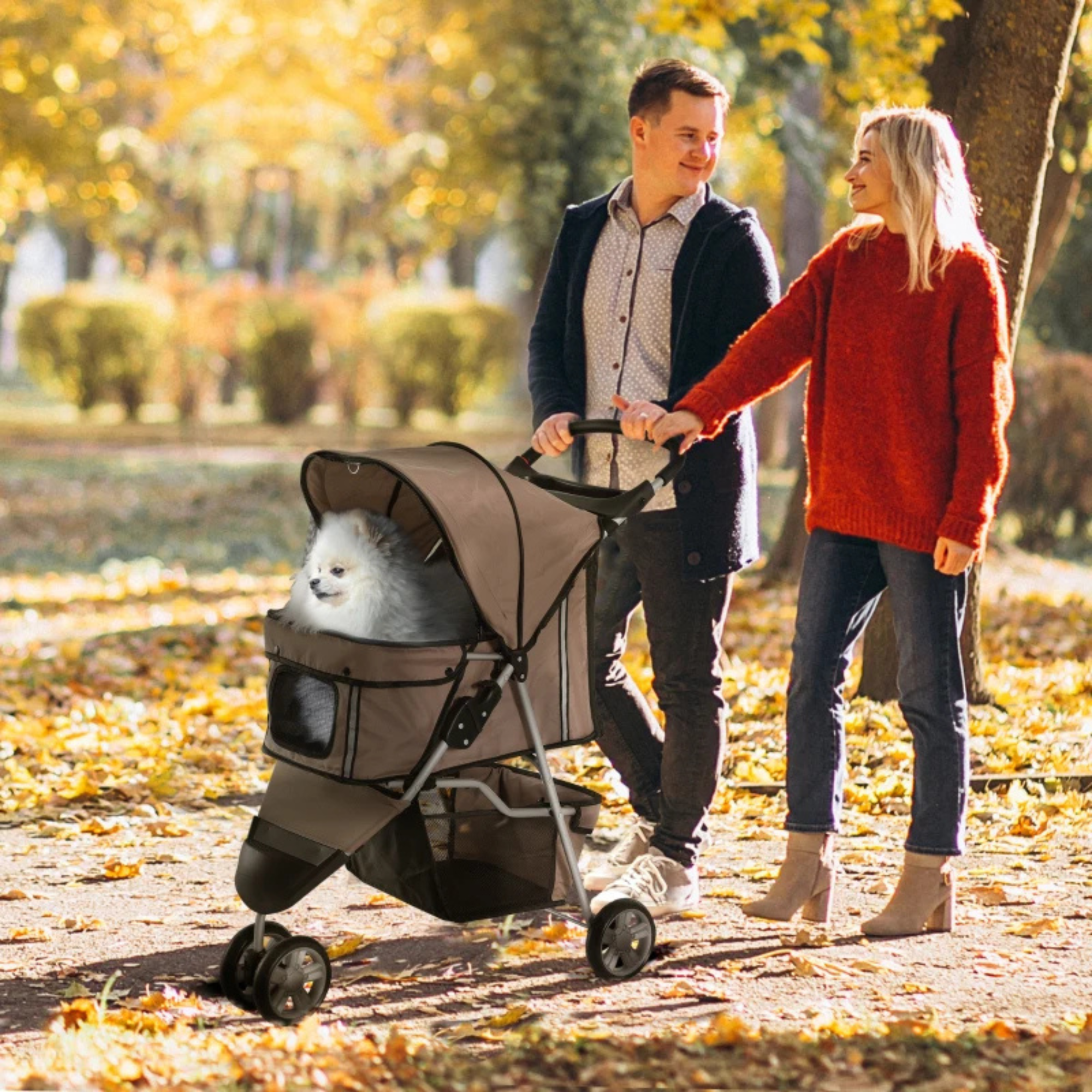 Opvouwbare hondenbuggy met parkeerrem en ruime opbergruimte, comfortabel en praktisch voor wandelingen met kleine honden