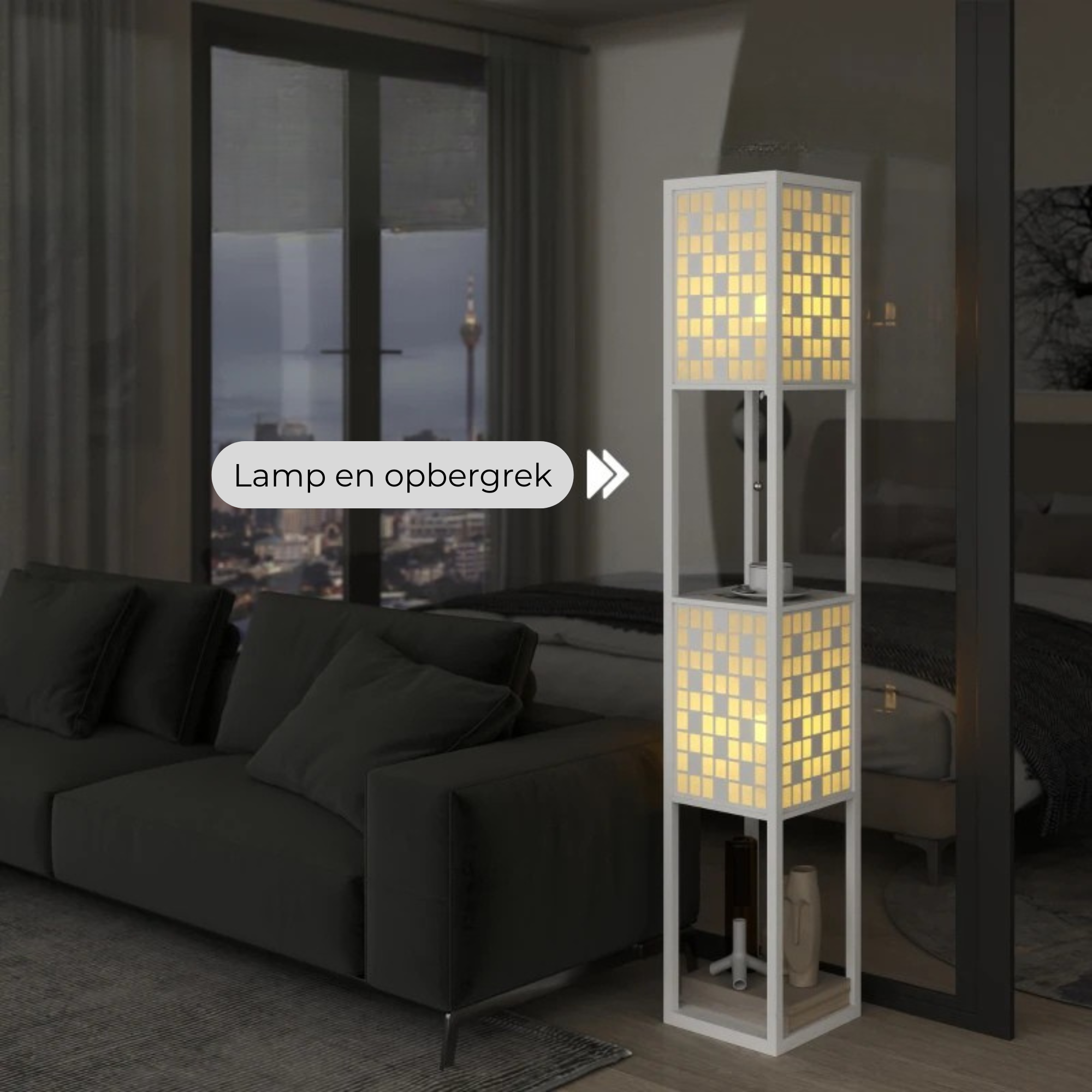 Vloerlamp 155 cm met rasterpatroon en geïntegreerde opbergruimte | Zenzee