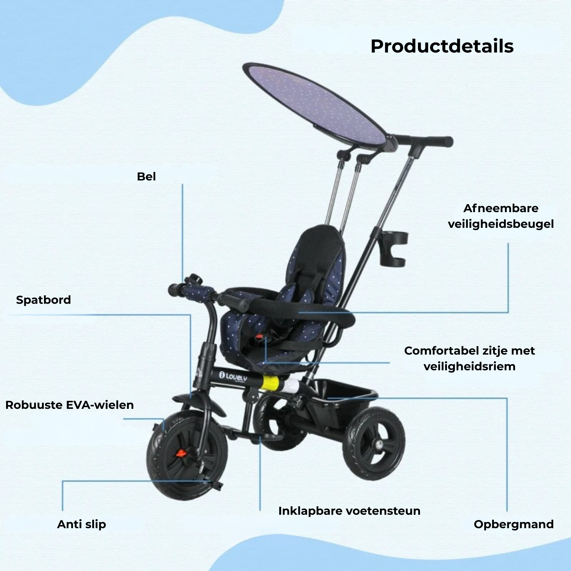 Driewieler voor kinderen van  1-5 jaar met duwstang, donkerblauw en stevig met veiligheidsbeugel en inklapbare voetsteun.