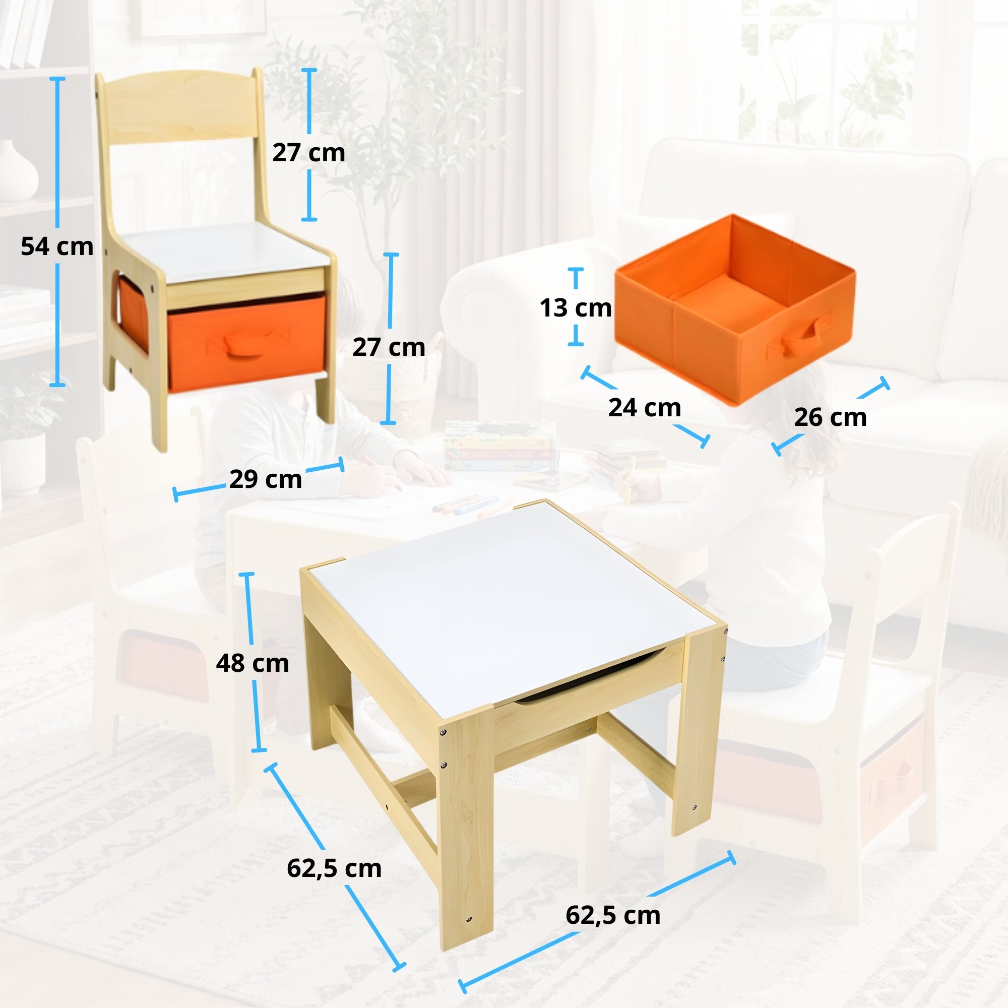 kindertafel met stoeltjes met krijtbord, whiteboard en slimme opbergruimte in hout met oranje opberglade en kindvriendelijk design