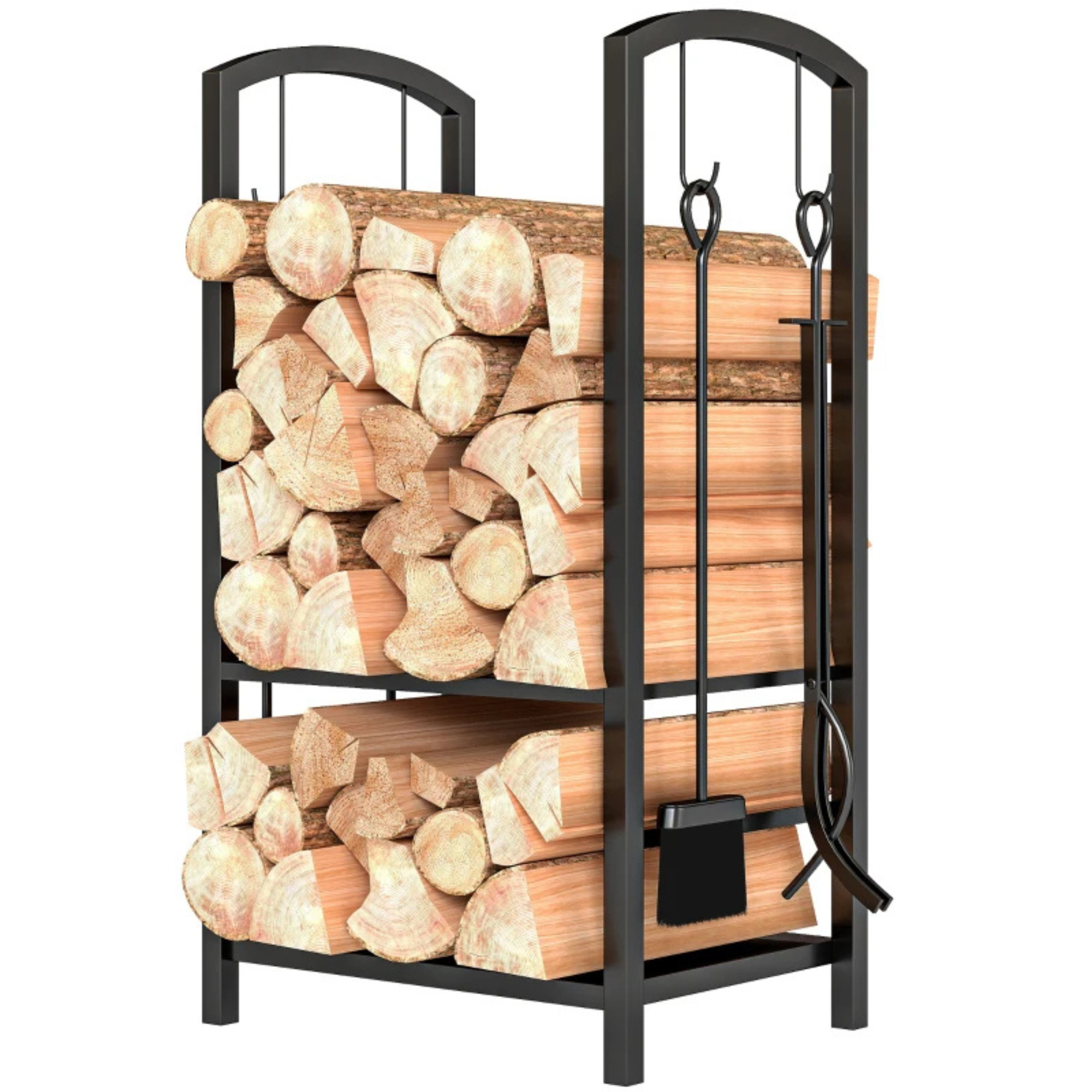 Zwart modern houtrek voor brandhout en haardhout 40x30x74 cm met stevig metalen frame en ruimte voor haardaccessoires