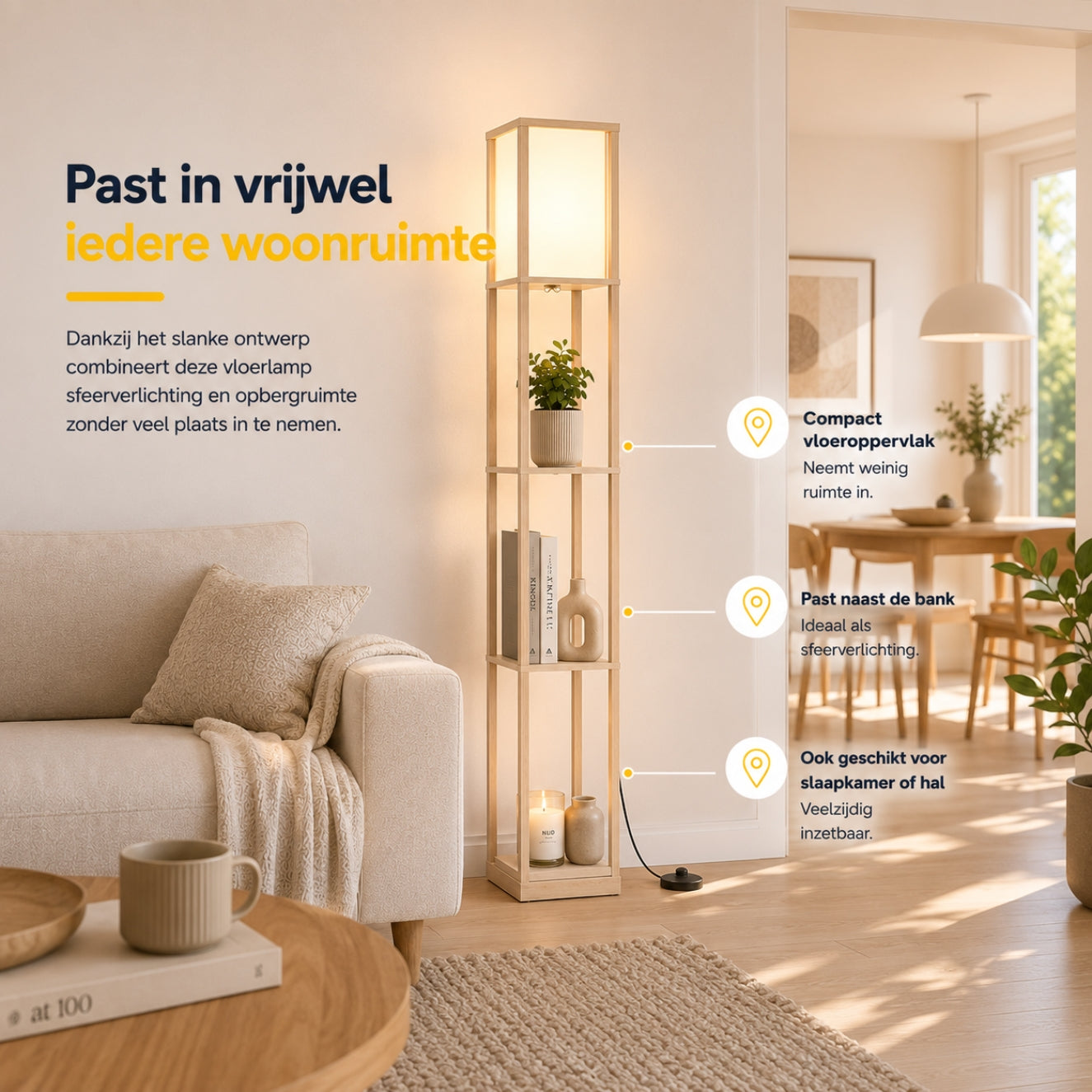 Moderne vloerlamp met opbergruimte 160 cm wit/eiken