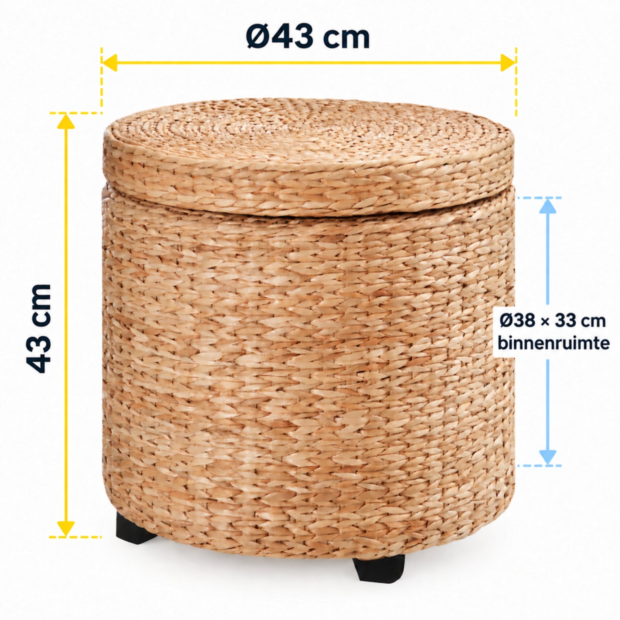 Ronde hocker met opbergruimte en afneembare deksel – stro rotan – Ø43×43 cm met gevlochten rietstructuur en poten