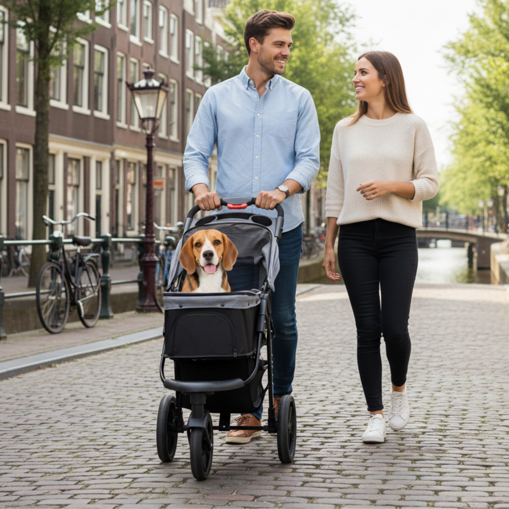 Opvouwbare hondenbuggy met verstelbare kap en opbergruimte – grijs/zwart – 110×58×107 cm | Zenzee in stadsomgeving met hond