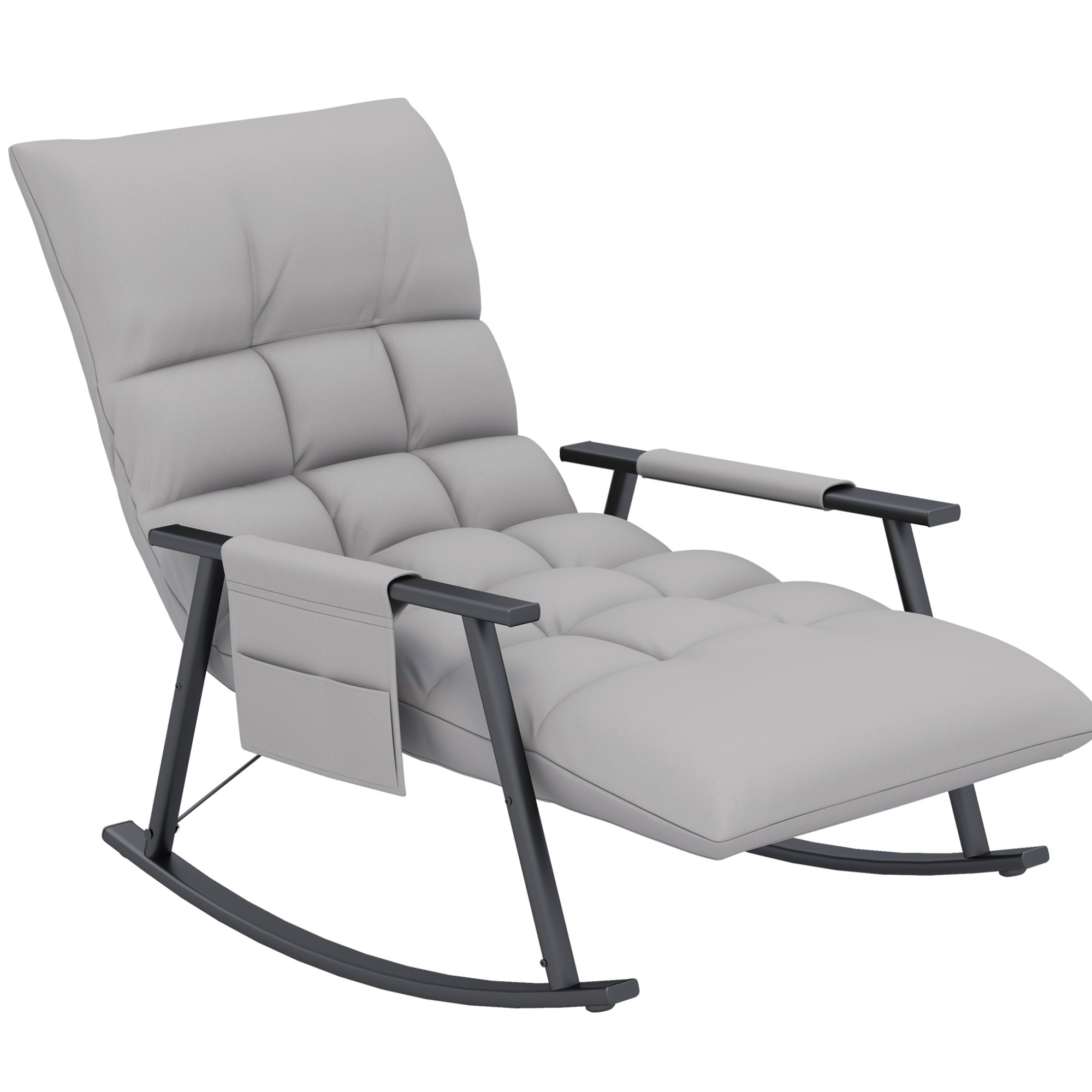 Comfortabele grijze schommelstoel met verstelbare rugleuning en zachte bekleding voor ultiem zitcomfort en ontspanning