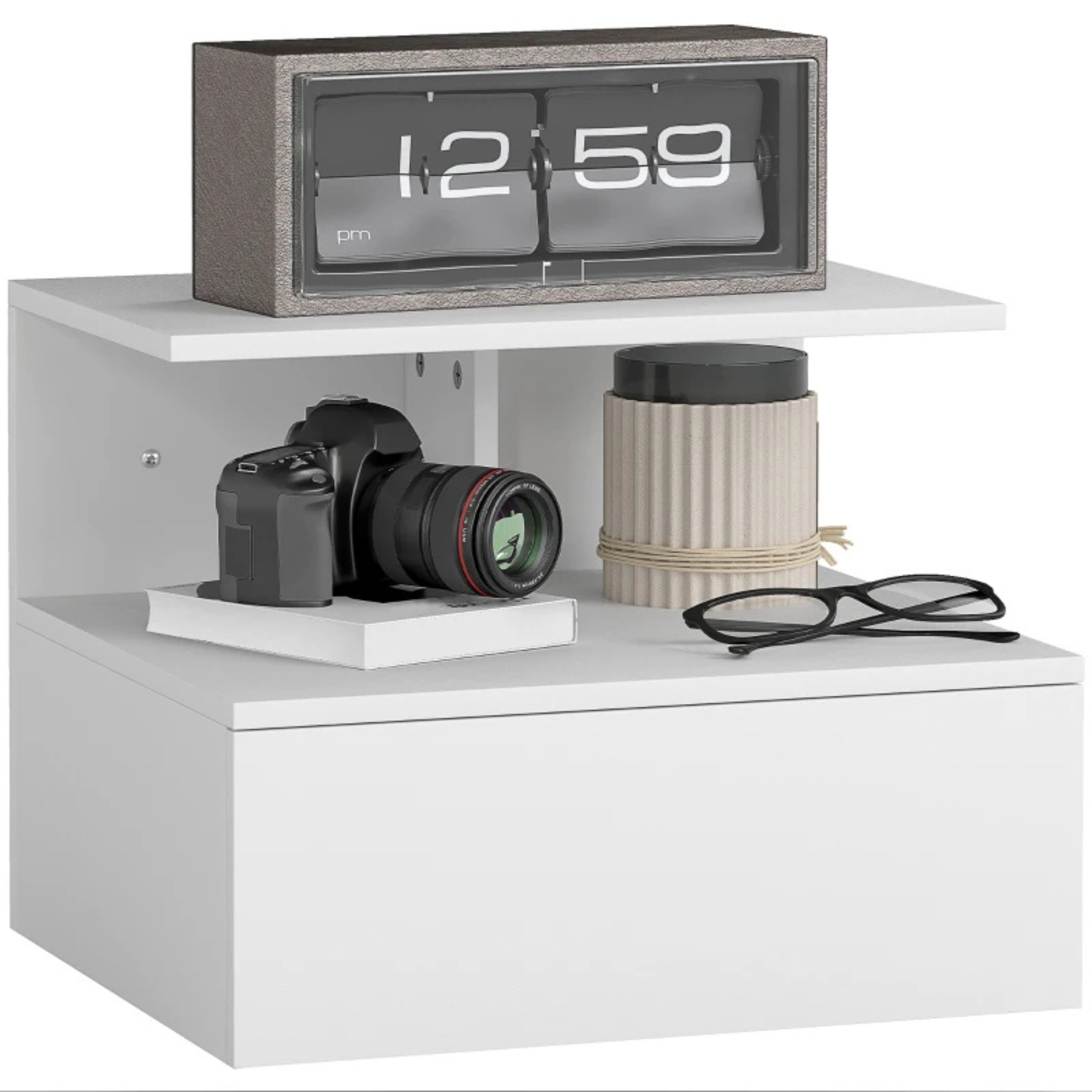 Zwevend nachtkastje met lade voor compact en stijlvol opbergen in wit met open vak en moderne vormgeving aan de wand