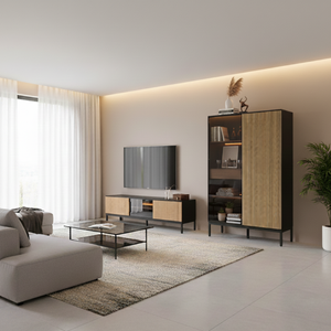 Zenzee Thora tv-meubel met LED-verlichting – 3-deurs in natuur/zwart, modern in lichte woonkamer met strakke inrichting