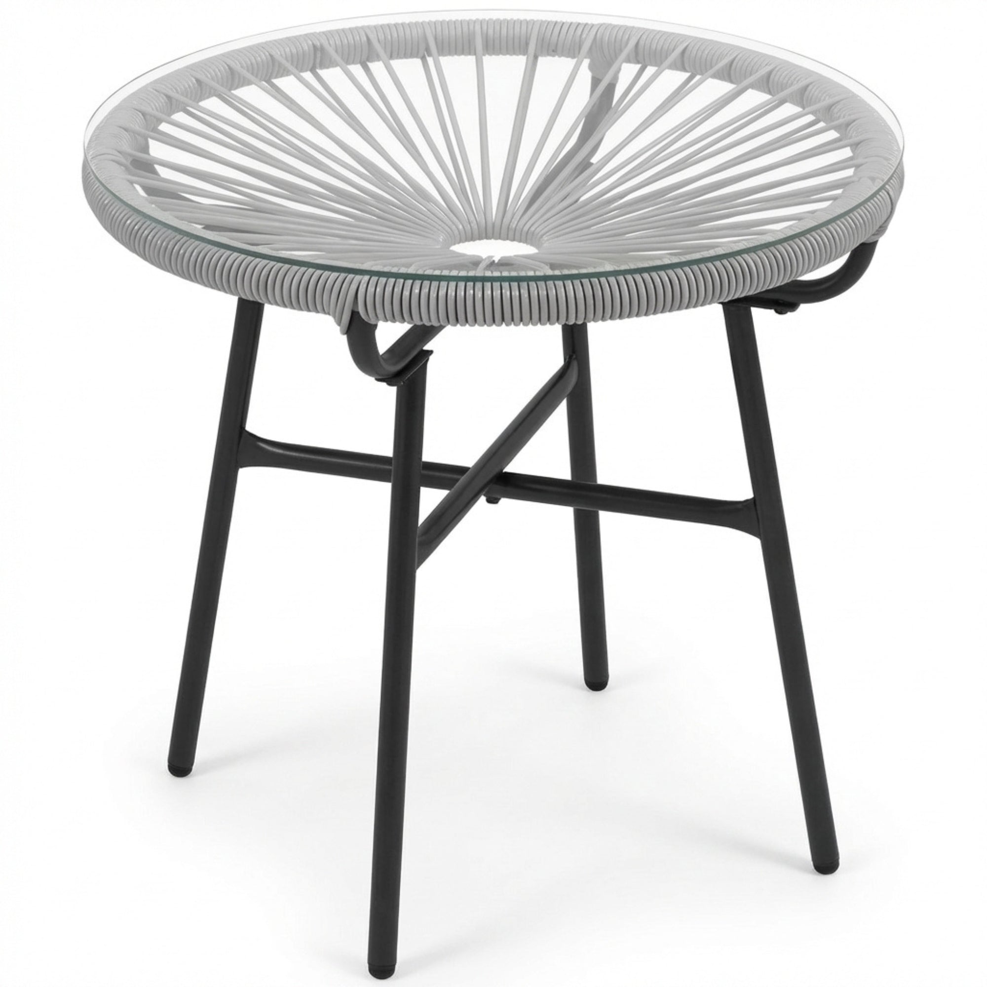 Ronde boho tuintafel grijs – 50×50×50 cm bijzettafel voor buiten met grijs rotan vlechtwerk, glazen tafelblad en stevig zwart metalen frame.