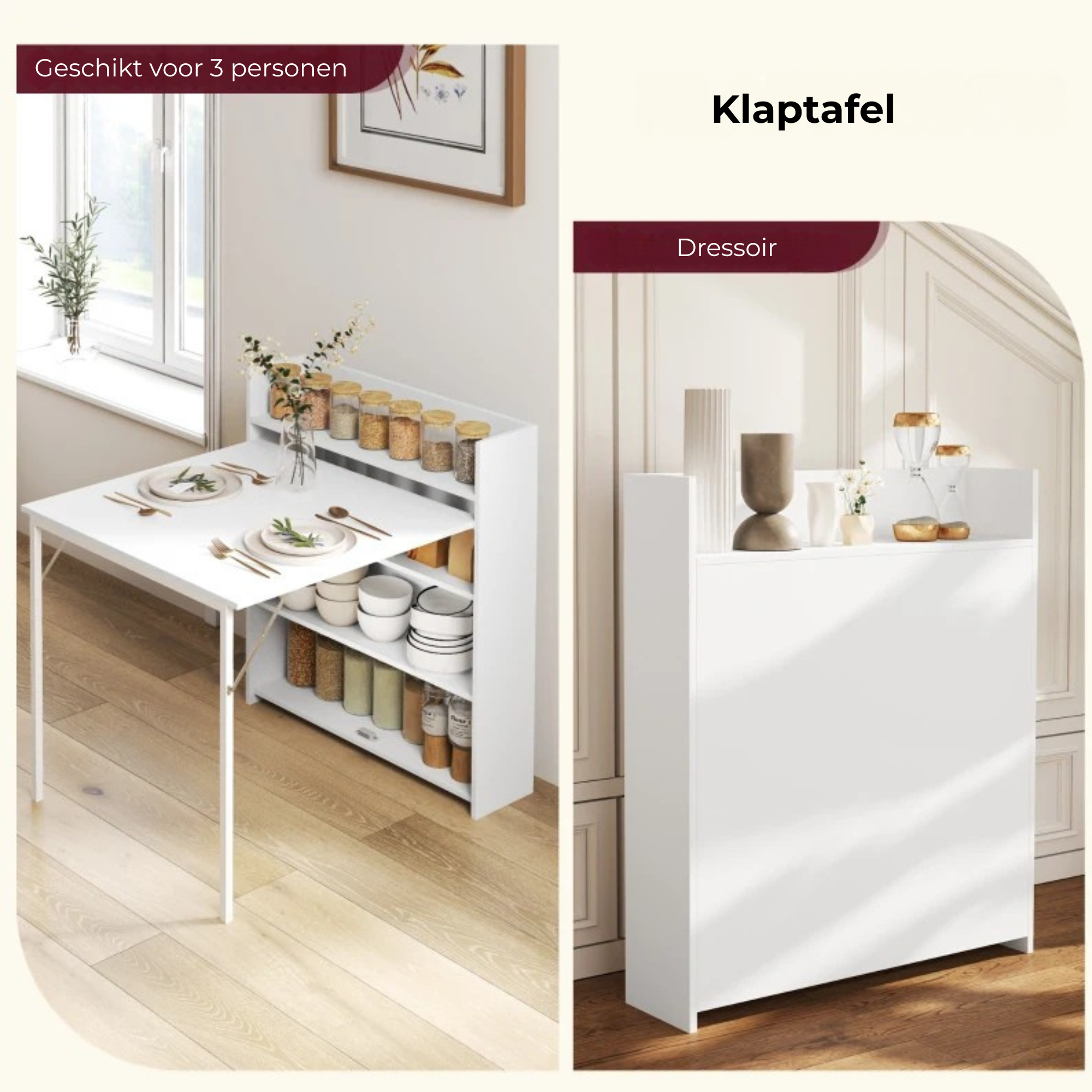 Multifunctionele klaptafel te gebruiken als eettafel of wandtafel 78,5x91x93 cm met compact design en opbergruimte