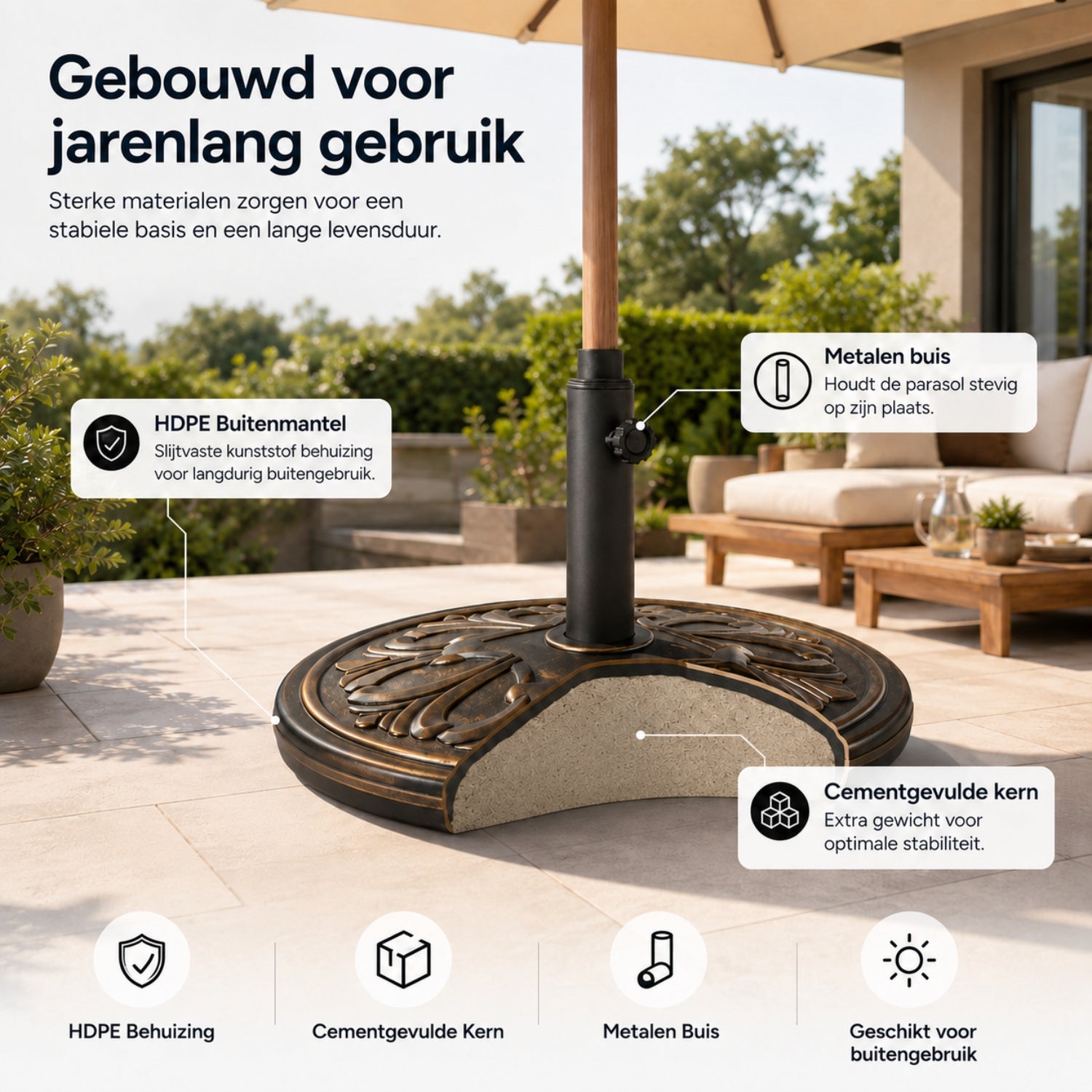 Klassieke parasolvoet in bronskleur – 14 kg, ø48 x 34 cm voor stevige ondersteuning