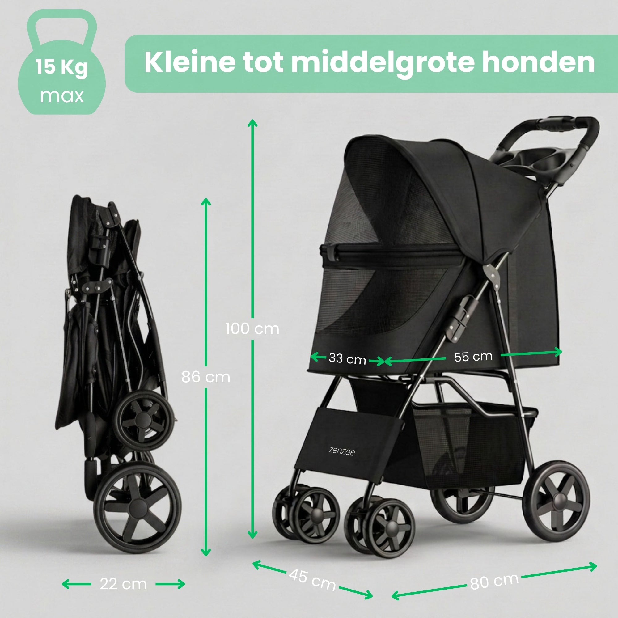 Hondenbuggy inklapbaar met regenhoes belastbaar tot 15 kg Zwart met comfortabele cabine, stevige constructie en praktische opvouwbare functie voor gemakkelijk vervoer.