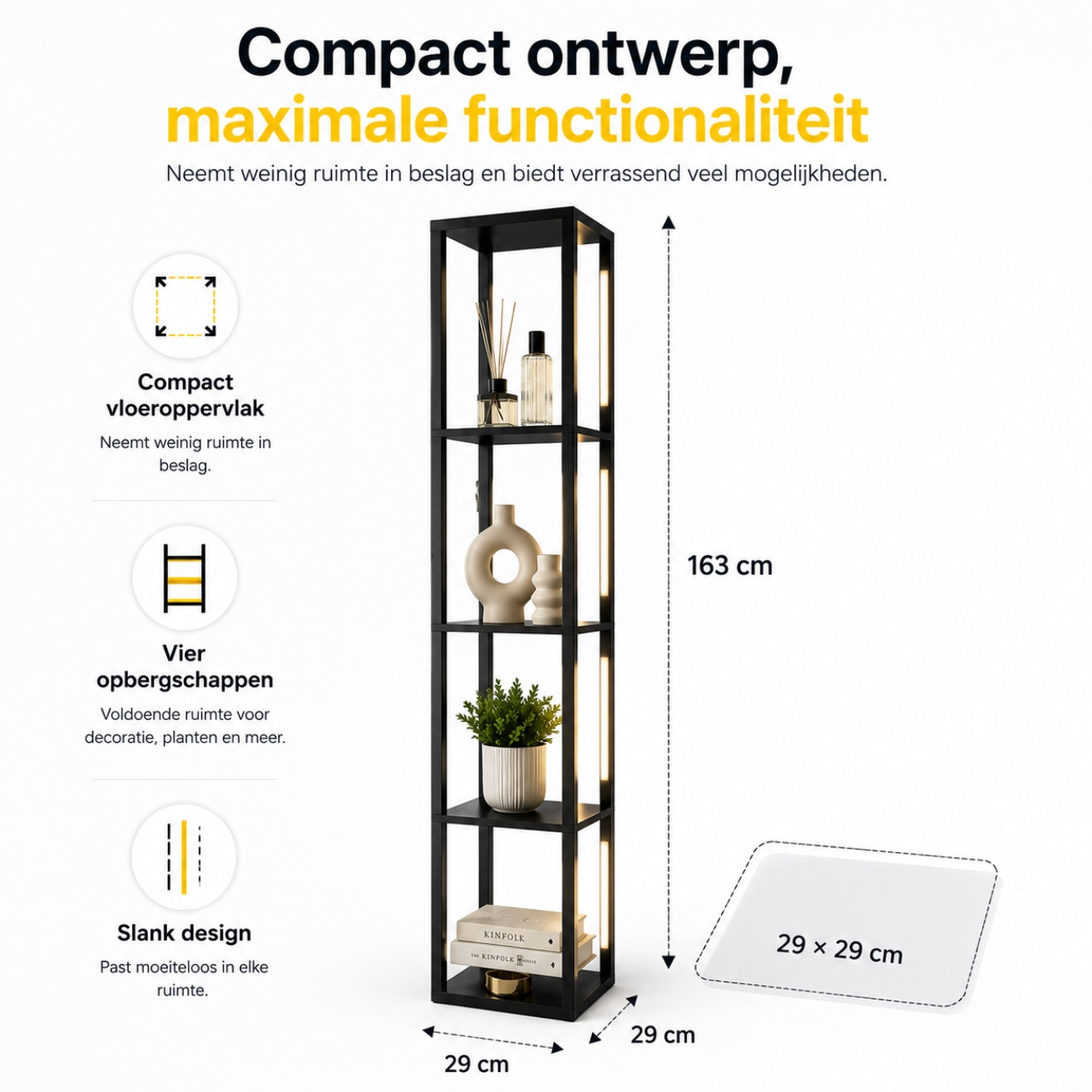 Zwarte vloerlamp met LED-verlichting en geïntegreerde opbergruimte – 29×29×163 cm | Zenzee