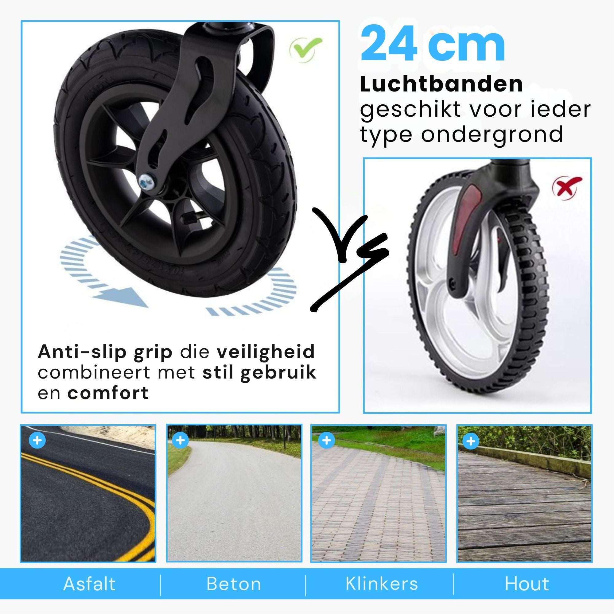 Rollator met all-terrain luchtbanden en comfortabele zitfunctie rood met 24 cm anti-slip luchtbanden voor alle soorten ondergrond