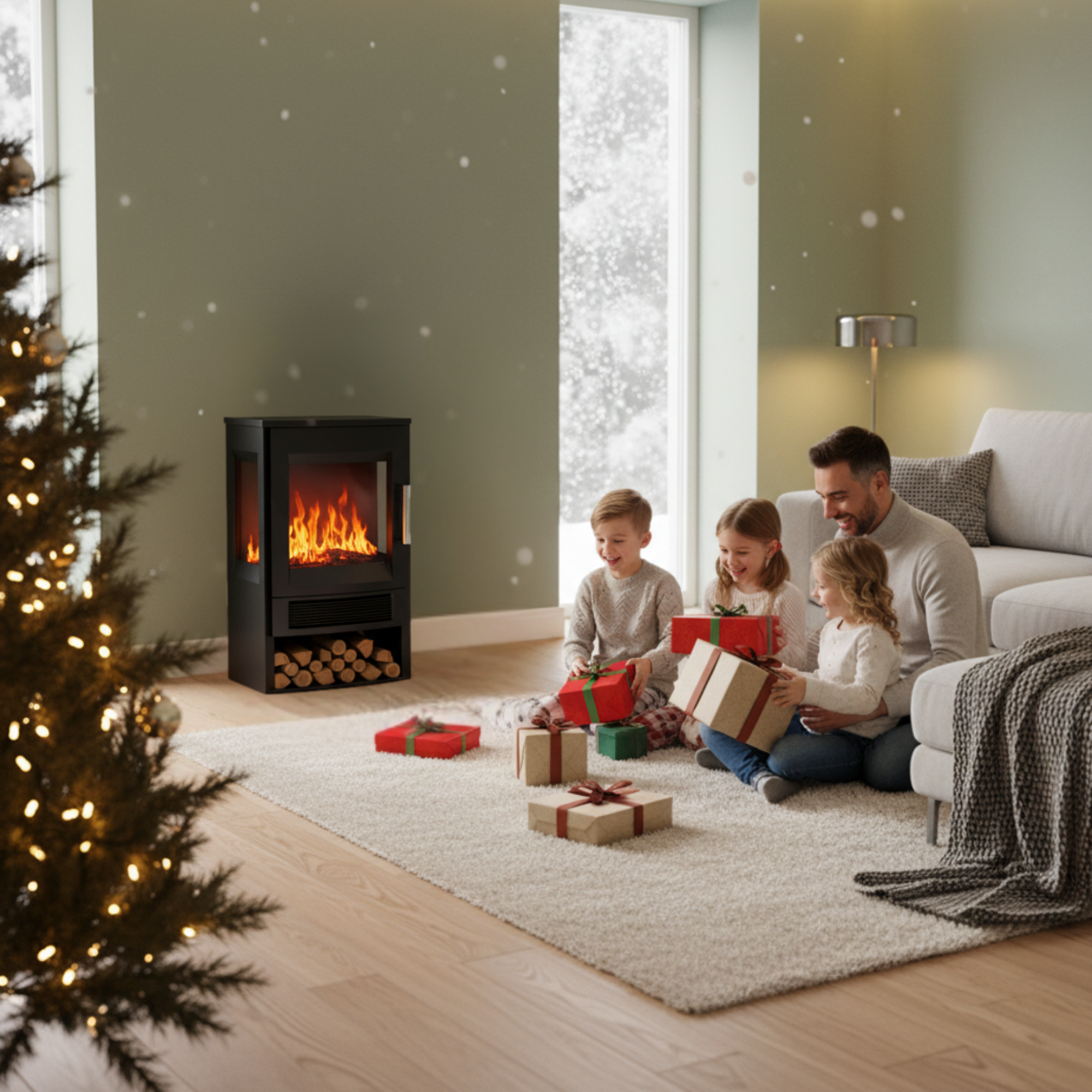 Gezellige woonkamer met familie rond de Zwarte elektrische sfeerhaard 1800W – met wifi-app en afstandsbediening | Zenzee