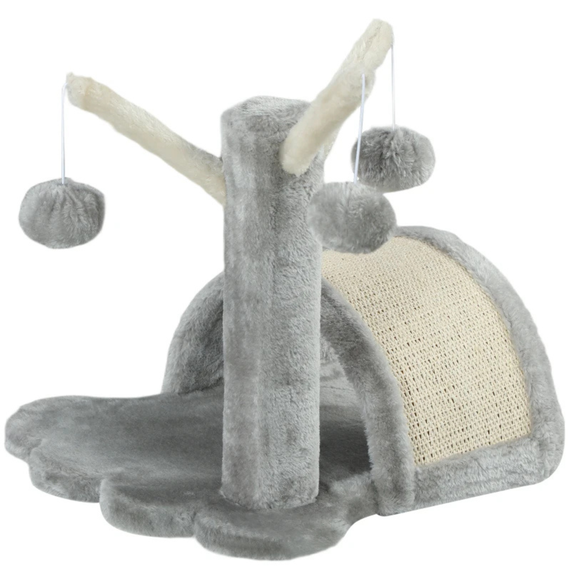 Compacte krabpaal met kattenspeeltjes voor speelse katten in grijs met zachte stof en sisal krabmat compacte afmeting