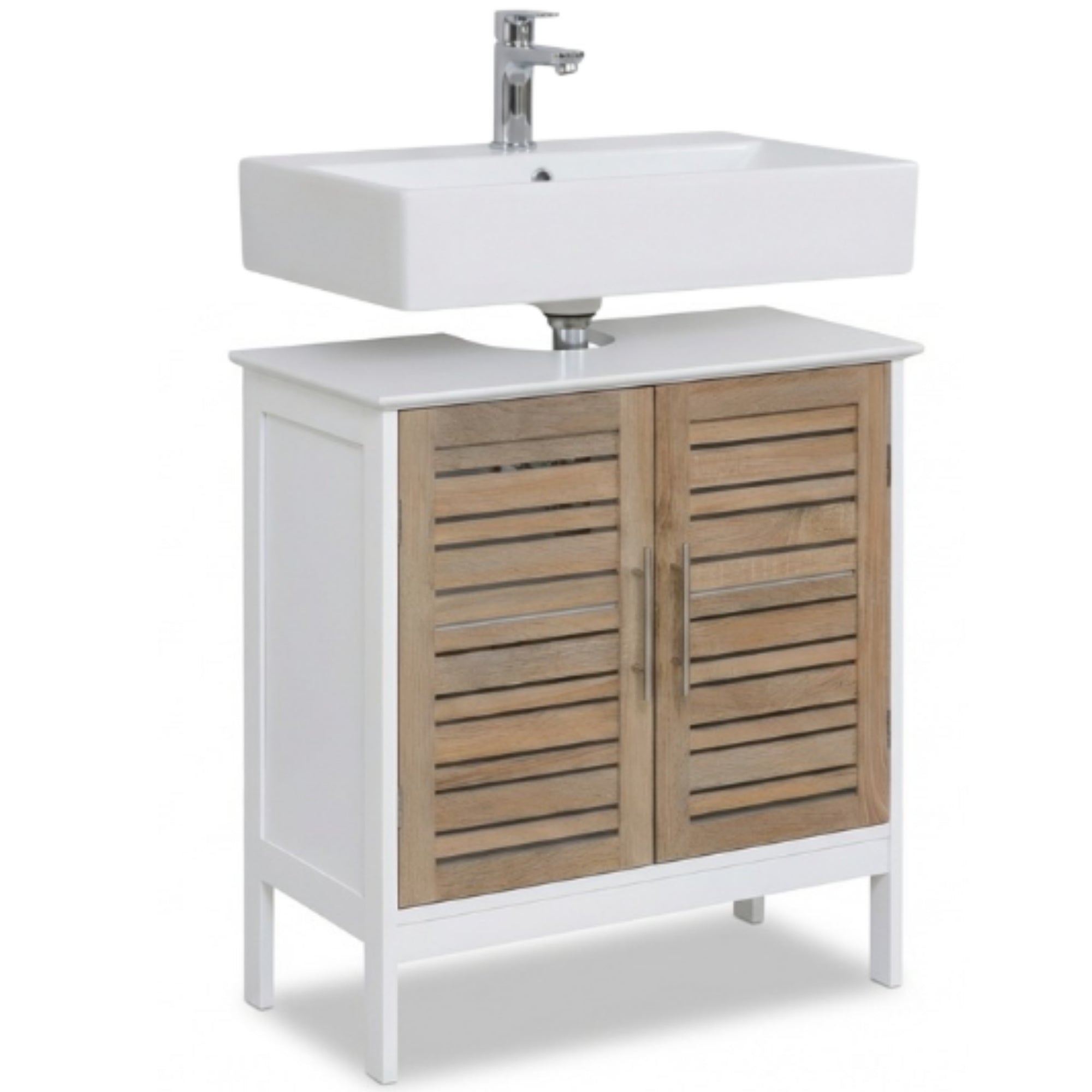 Wastafelonderkast wit-eiken 70x60x30 cm – Compact badkamermeubel met natuurlijke uitstraling in galerijpositie 1 met lattendeuren en RVS handgrepen