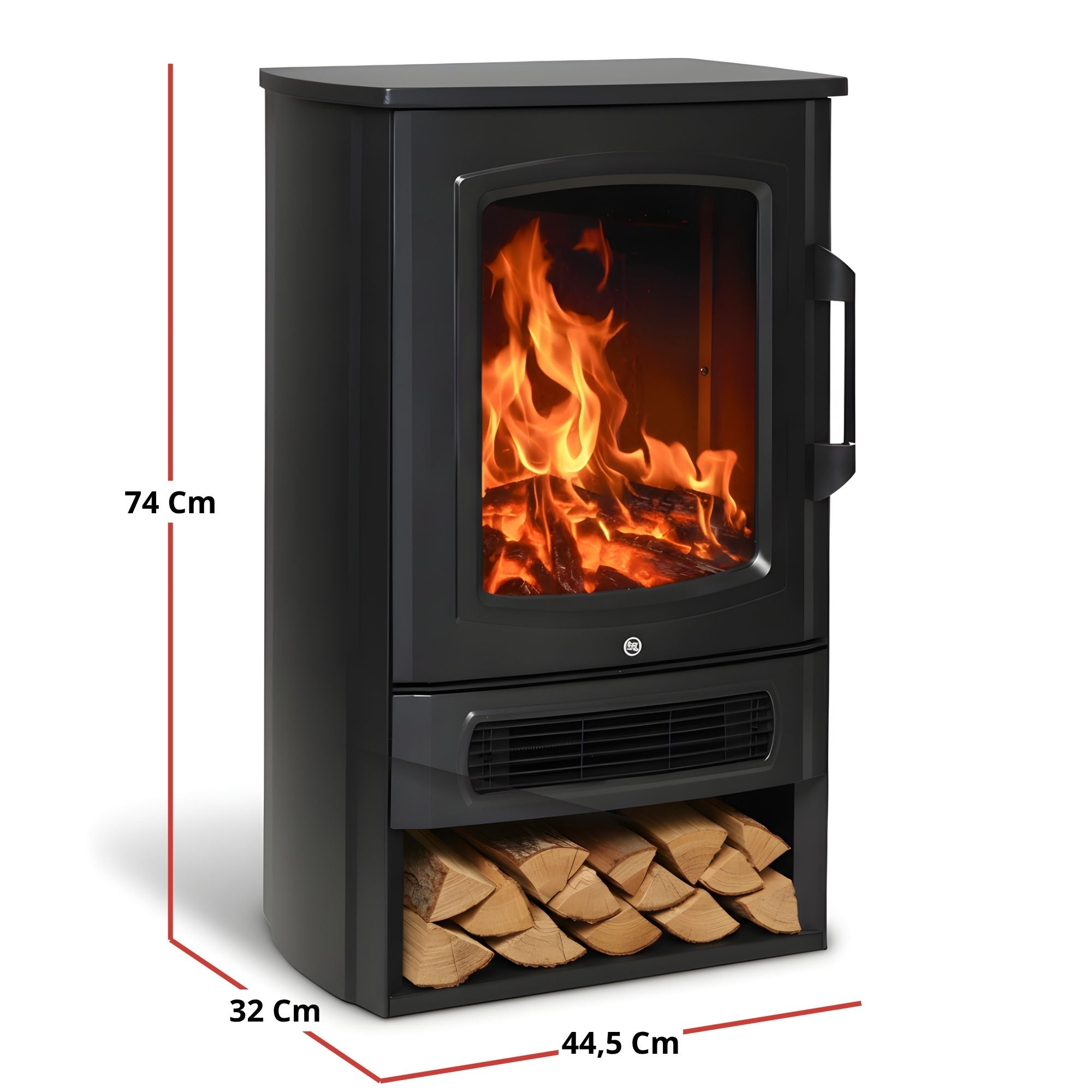 Vrijstaande elektrische sfeerhaard zwart – 2000W met realistisch vlameffect | Zenzee met houtopslagruimte onderaan