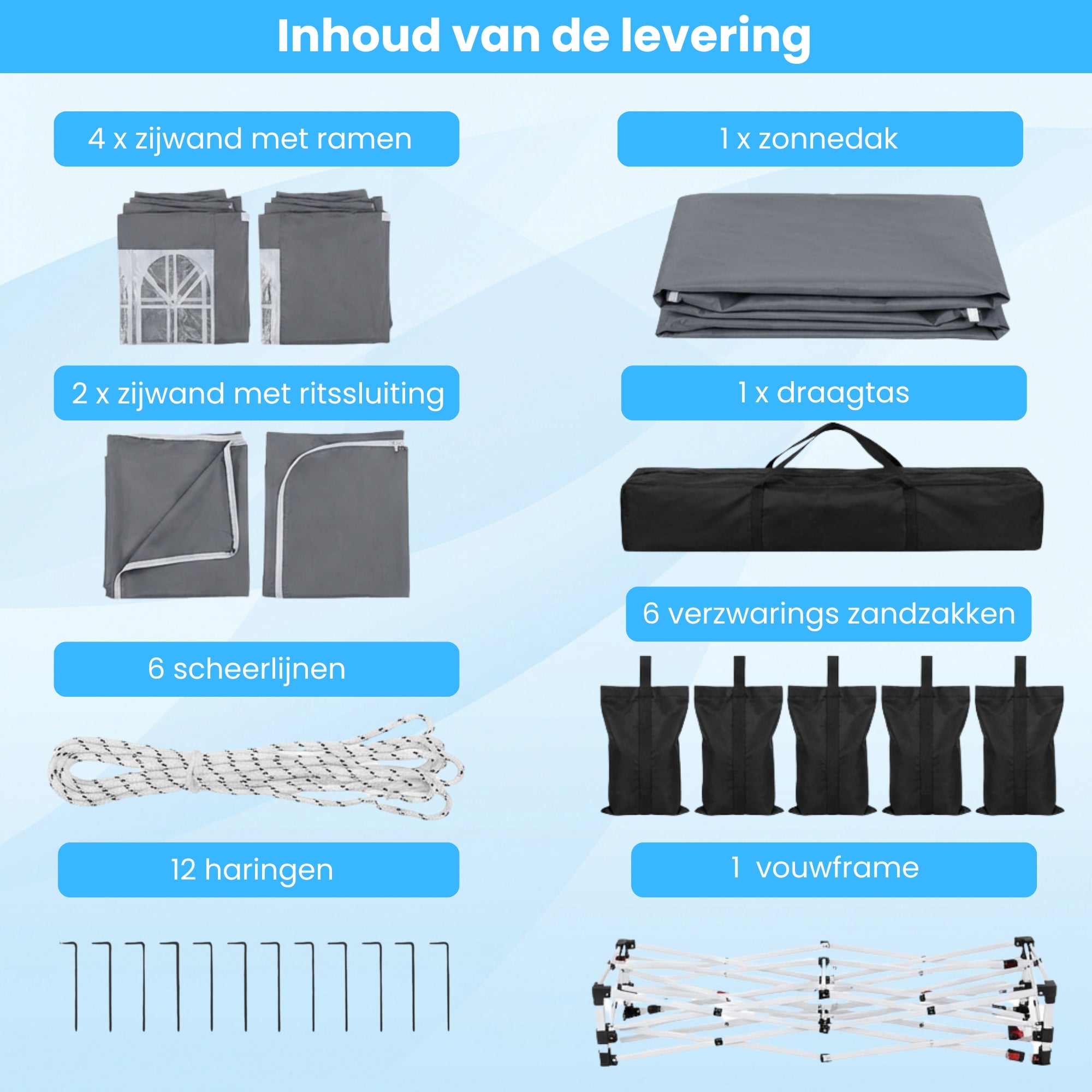 Grijze partytent tuinpaviljoen opvouwbaar 6x3m – waterdicht met zijwanden, zandzakken, scheerlijnen, haringen en opvouwbaar frame