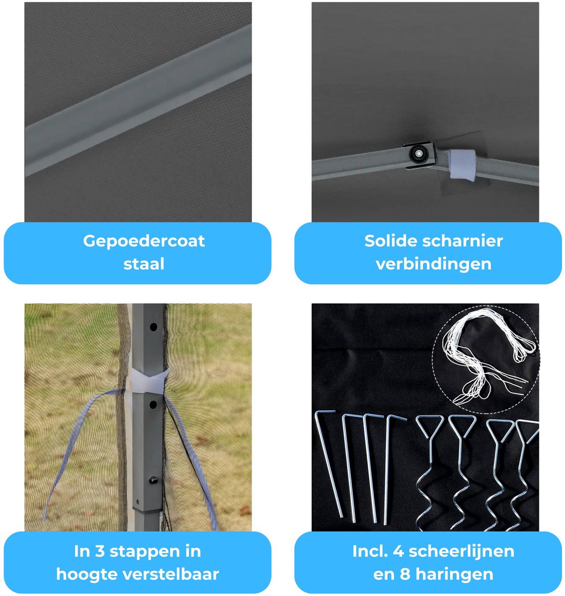 Easy-up partytent grijs 3x3 m met draagtas en stalen frame