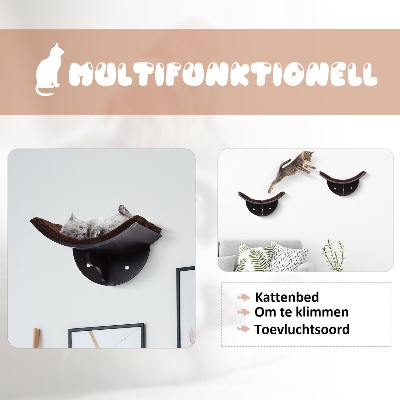 Bruin Kattenbed van MDF met Wasbare Bekleding – Voor Wandmontage en Verhoogd Slapen