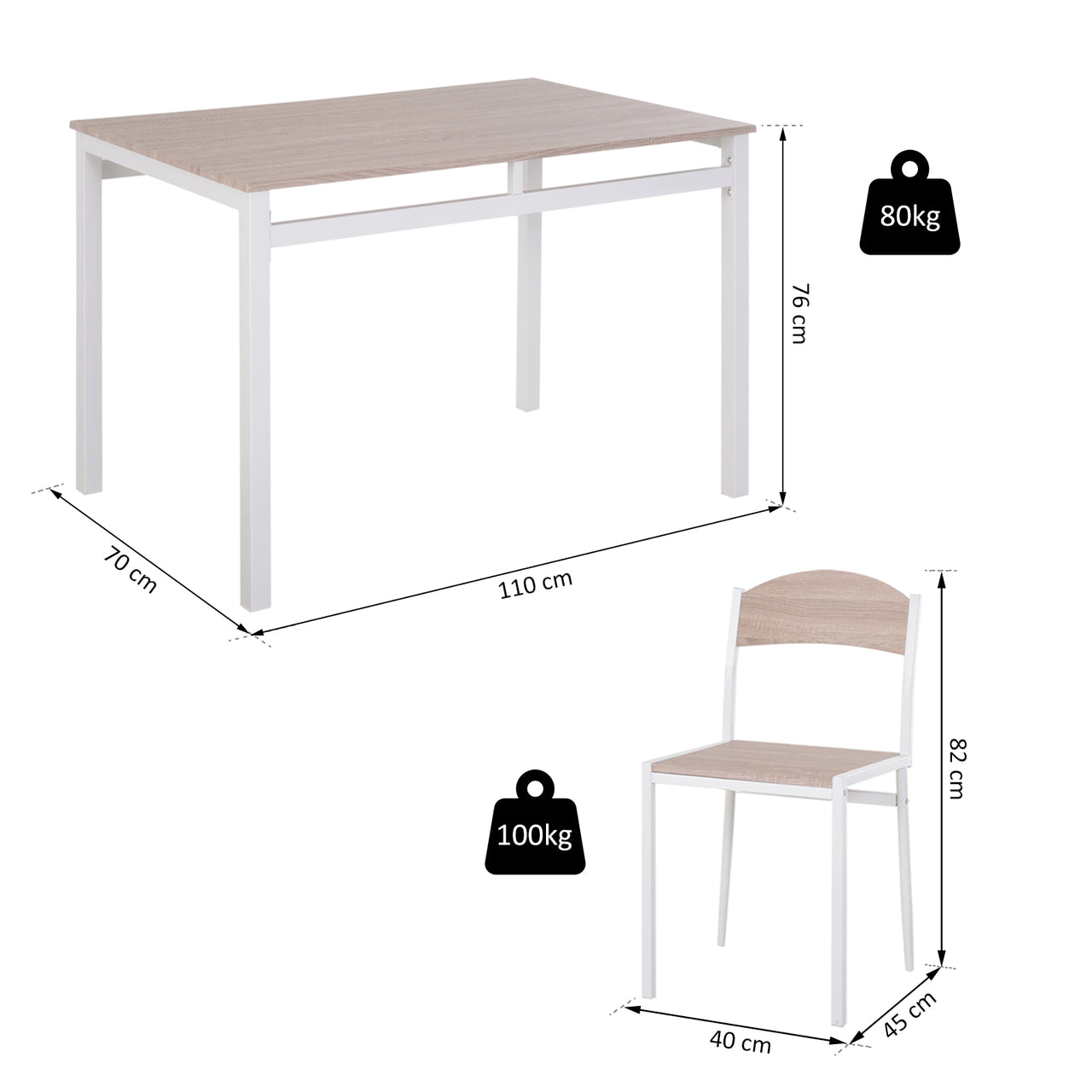 Eettafelset van Hout met 4 Witte Stoelen – Compact en Geschikt voor Eetkamer of Keuken