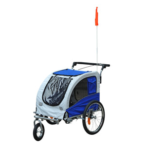 Hondenfietskar buggy wit/blauw – 130x90x110 cm geveerd en geremd met trekboom en ventilatievensters voor veilig vervoer