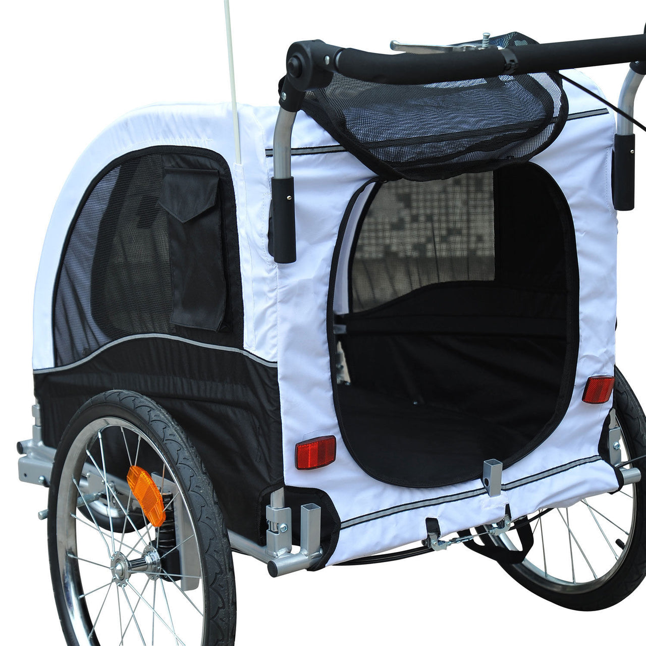 Wit-Zwarte Hondenfietskar met Vering en Rem – Veilig en Comfortabel Vervoer