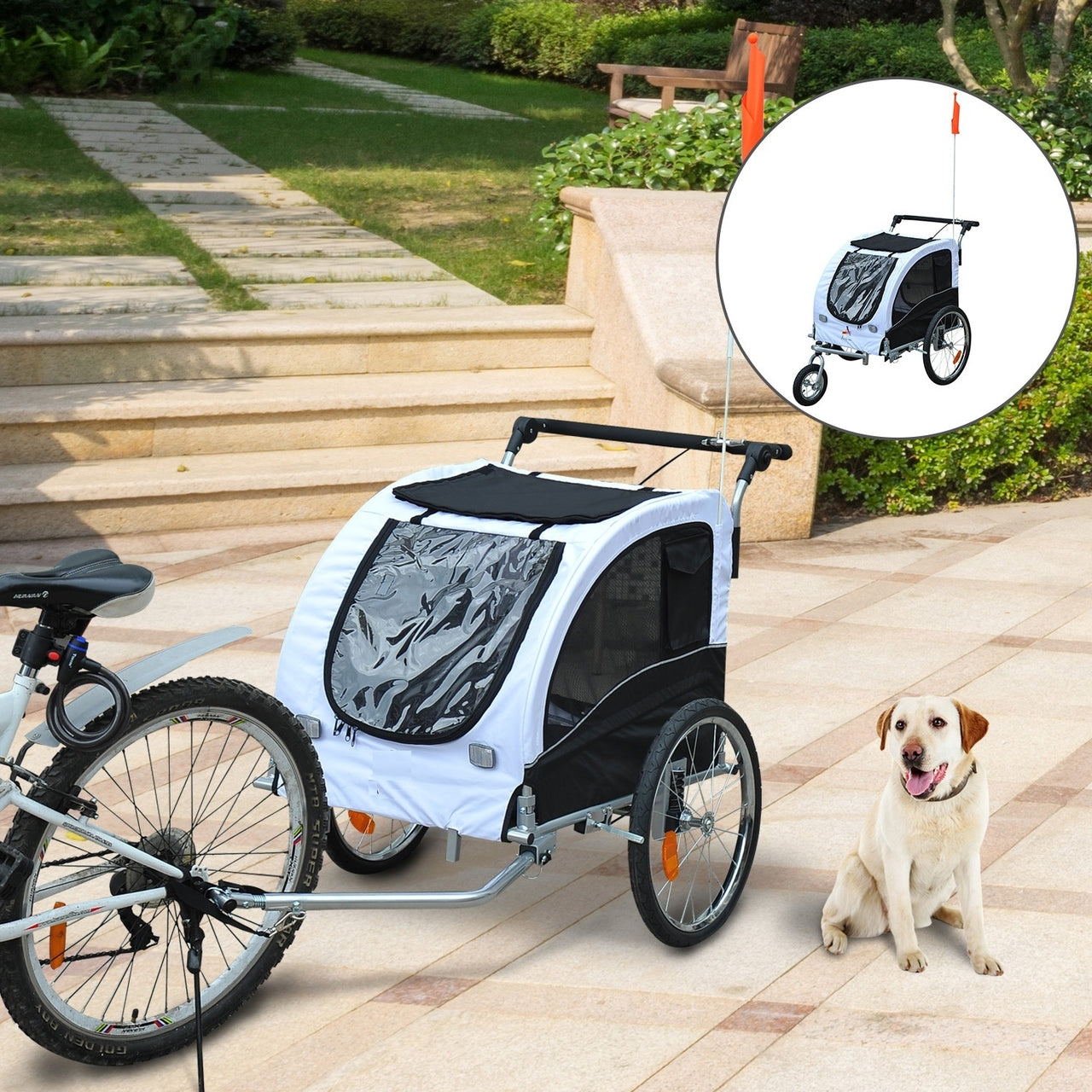 Wit-Zwarte Hondenfietskar met Vering en Rem – Veilig en Comfortabel Vervoer
