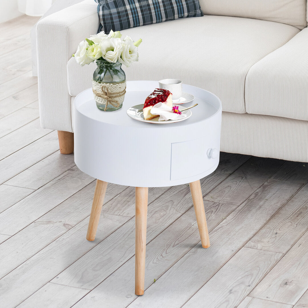 Ronde Bijzettafel met Lade – Witte Scandinavische Tafel voor Woon- of Slaapkamer