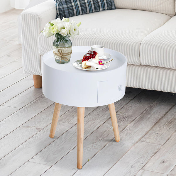 Ronde Bijzettafel met Lade – Witte Scandinavische Tafel voor Woon- of Slaapkamer