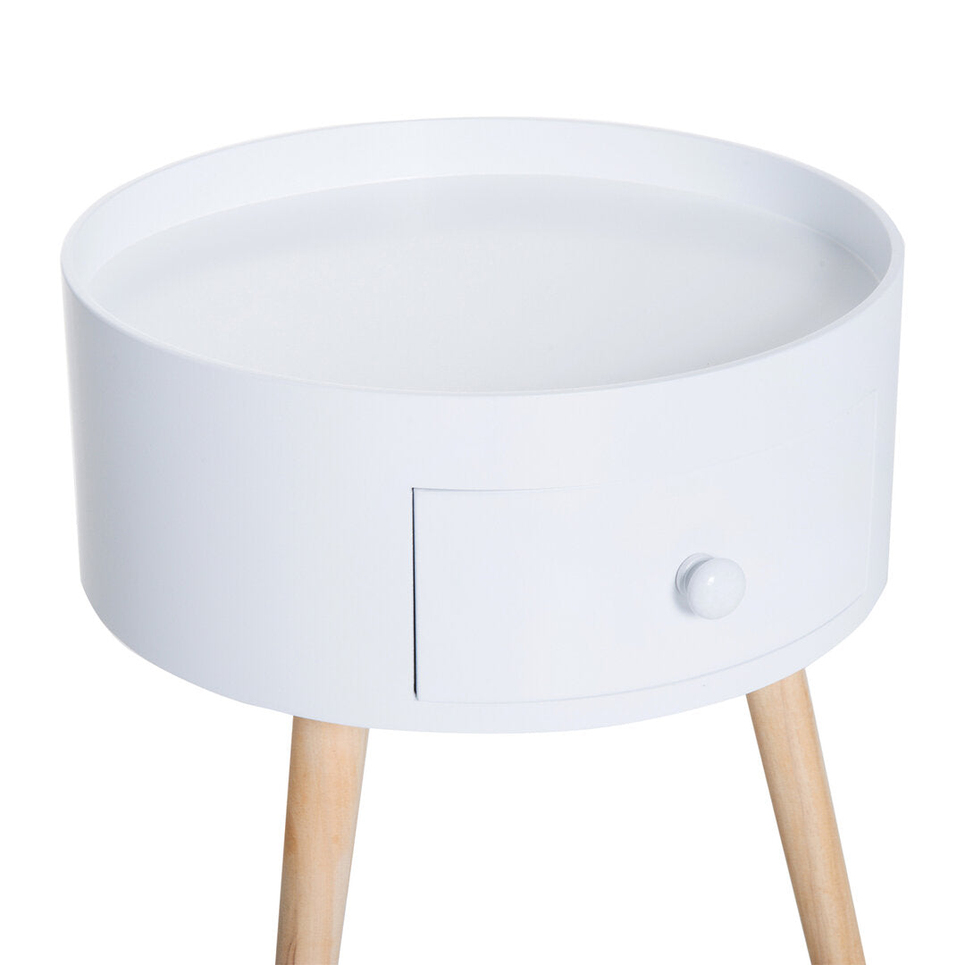 Ronde Bijzettafel met Lade – Witte Scandinavische Tafel voor Woon- of Slaapkamer