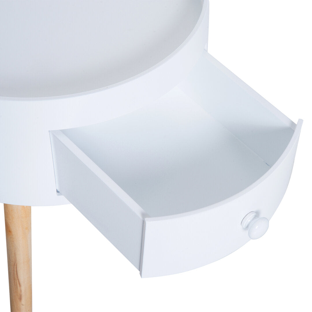 Ronde Bijzettafel met Lade – Witte Scandinavische Tafel voor Woon- of Slaapkamer