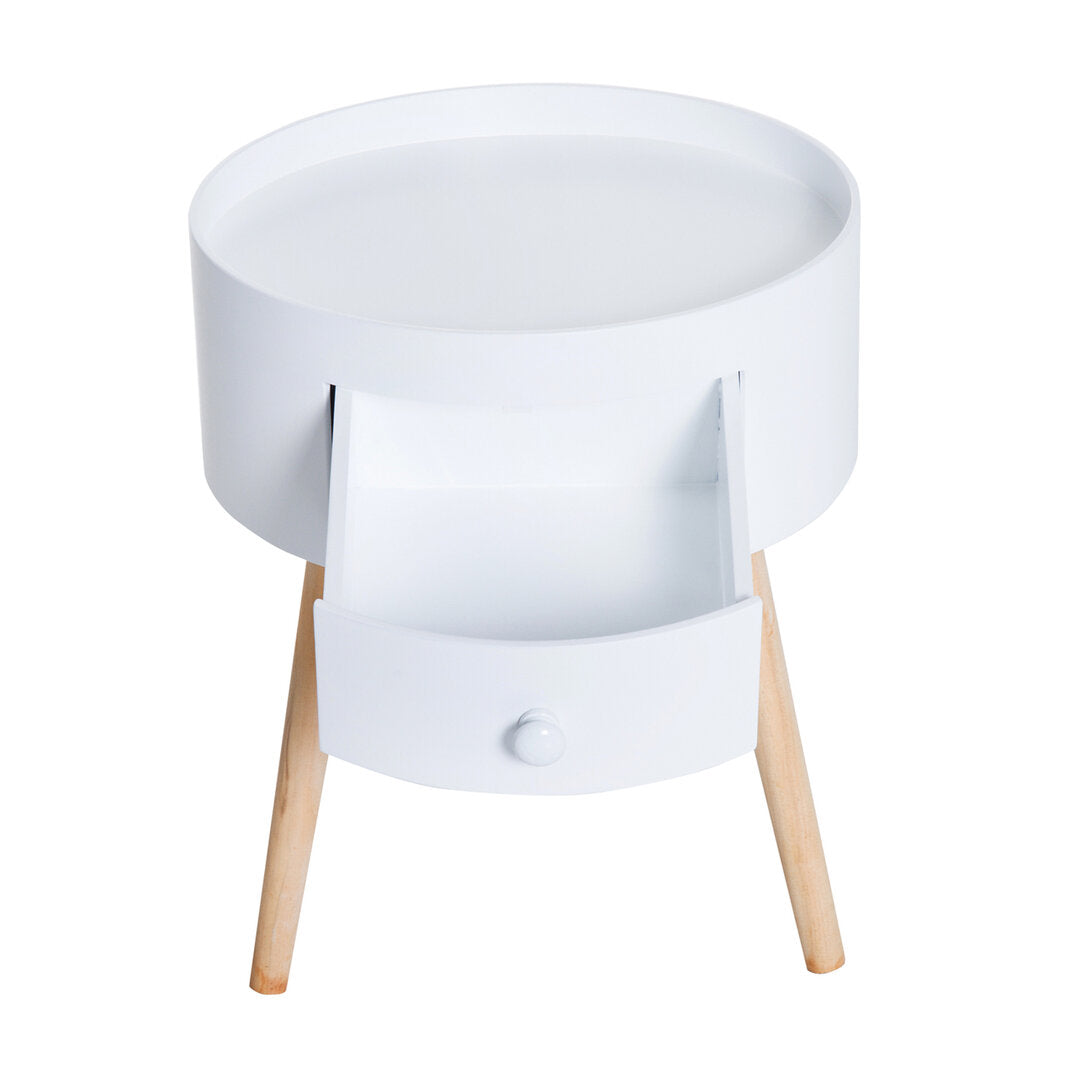 Ronde Bijzettafel met Lade – Witte Scandinavische Tafel voor Woon- of Slaapkamer