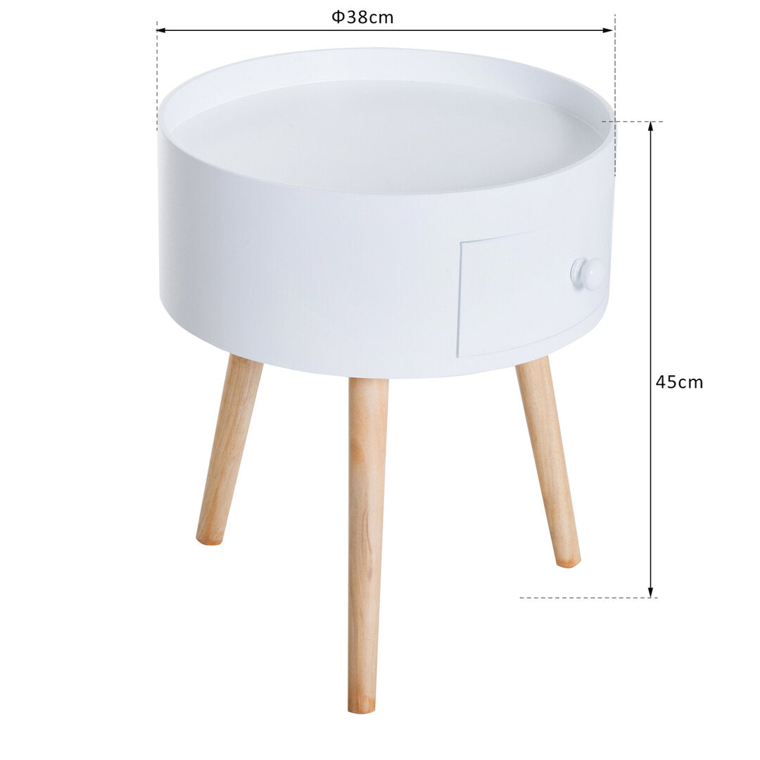 Ronde Bijzettafel met Lade – Witte Scandinavische Tafel voor Woon- of Slaapkamer