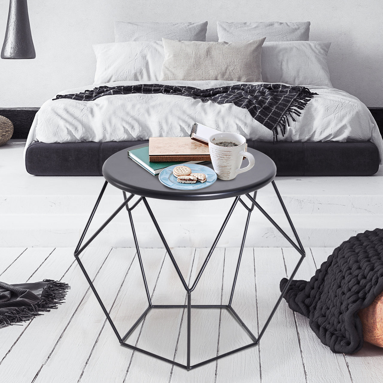 Zwarte Ronde Bijzettafel met Opbergruimte – Geometrisch Design voor Moderne Woonkamers
