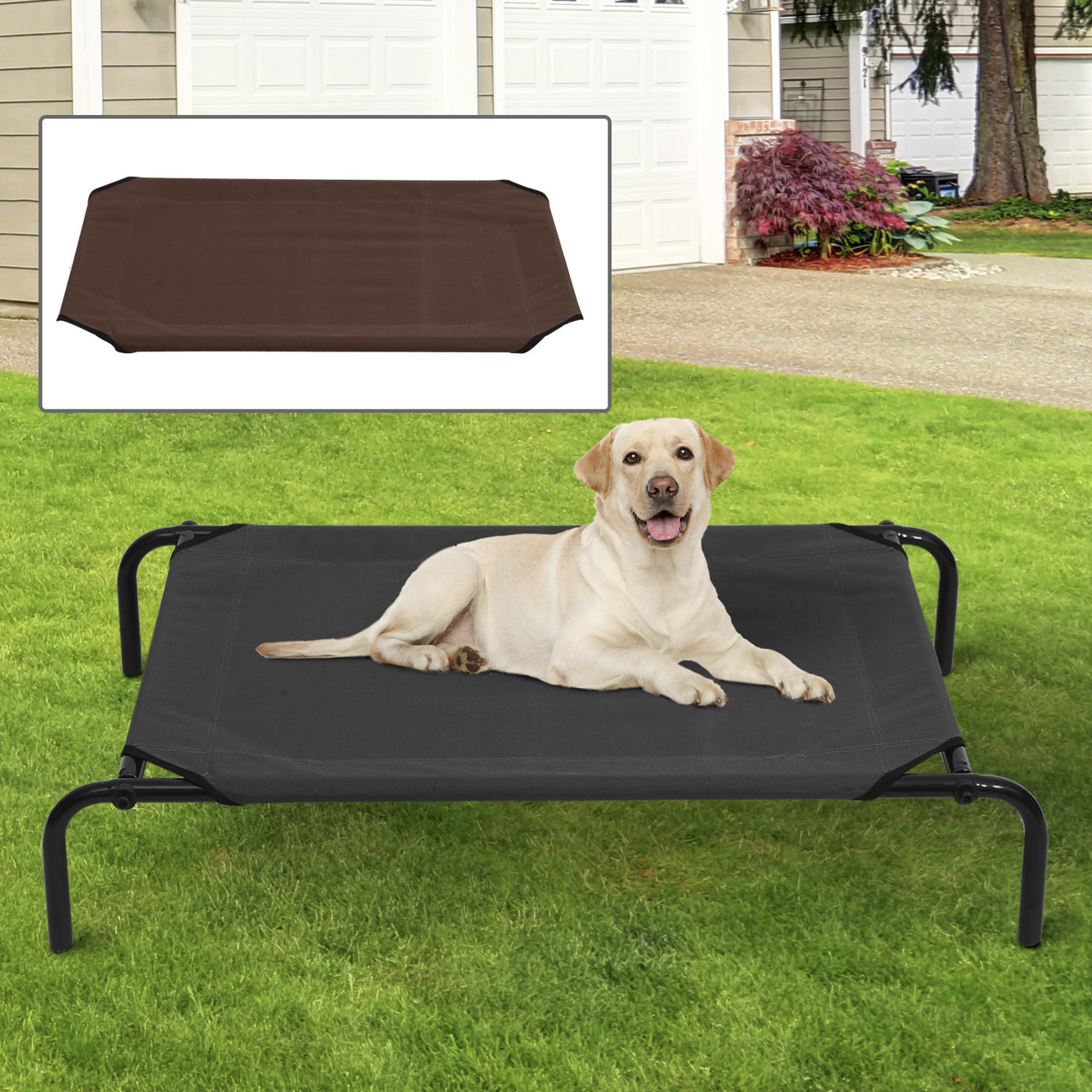 Honden ligbed grote hondenstretcher XL 110×68 cm met 2 overtrekhoezen zwart en bruin, geschikt voor binnen en buitengebruik