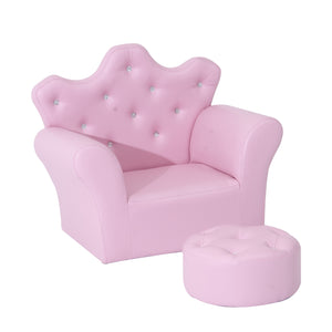 Kindersofa met Poef – Roze Kunstleer – Comfortabele 2-delige Set met kroonvormige rugleuning en zachte poef