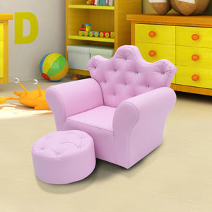 Kindersofa met Poef – Roze Kunstleer – Comfortabele 2-delige Set met kroonvormige fauteuil en voetenbankje voor kinderen
