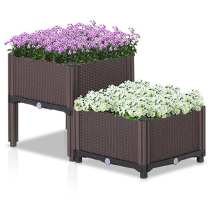 Set van 2 Vierkante Plantenbakken met Rattan Look – 40×40×44 cm – Bruin met bloemen, ideaal voor tuin, balkon en terras