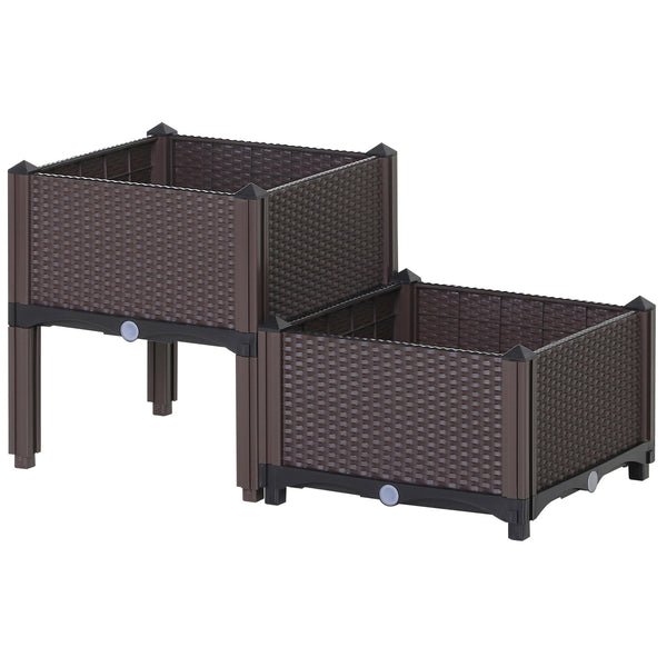 Set van 2 Vierkante Plantenbakken met Rattan Look – 40×40×44 cm – Bruin