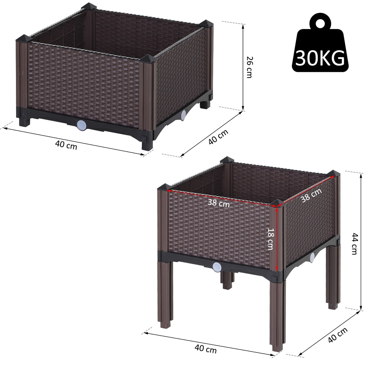 Set van 2 Vierkante Plantenbakken met Rattan Look – 40×40×44 cm – Bruin