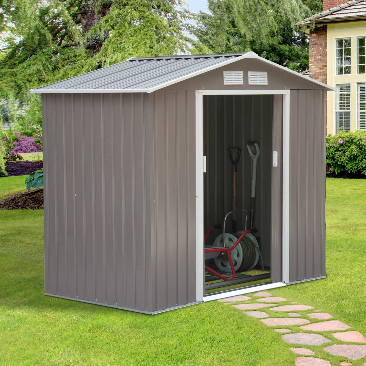 Metalen Tuinhuis met Schuifdeuren en Ventilatie – 213×127×185 cm – Grijs