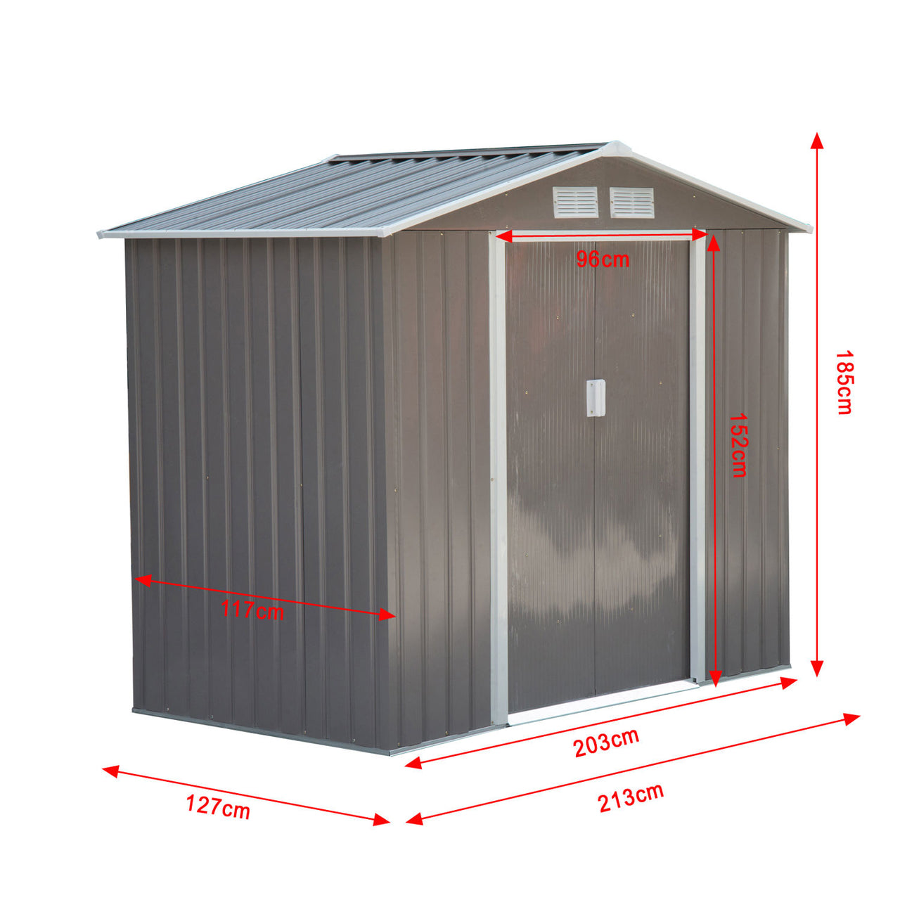 Metalen Tuinhuis met Schuifdeuren en Ventilatie – 213×127×185 cm – Grijs