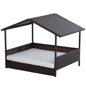 Weerbestendig Hondenbed van Polyrattan – Bruin/Beige – 95×69×70 cm met overkapping voor schaduw en comfort in de tuin