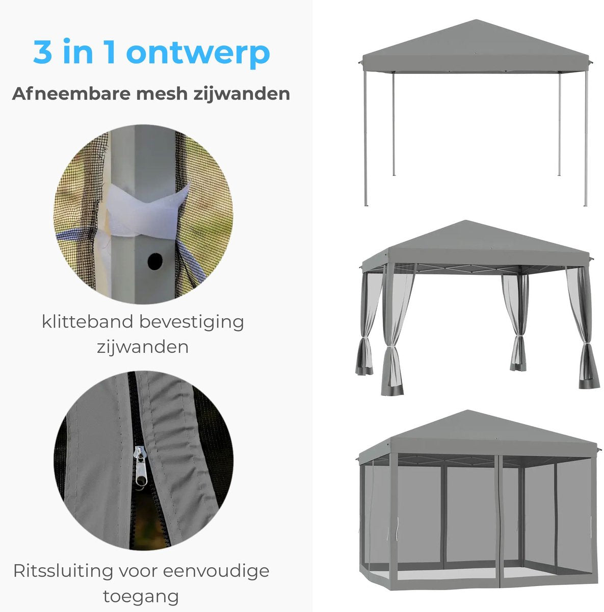 Easy-up partytent grijs 3x3 m met draagtas en stalen frame